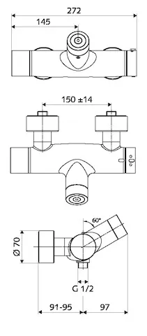 Aufputz-Duscharmatur VITUS VD-C-T / u, Mischwasser, Thermostat, Elektronisch, Selbstschluss, 2 RFV, Batteriefach, 2x DN 15 G 1/2 AG, DN 15 G 1/2 AG (unten), chrom