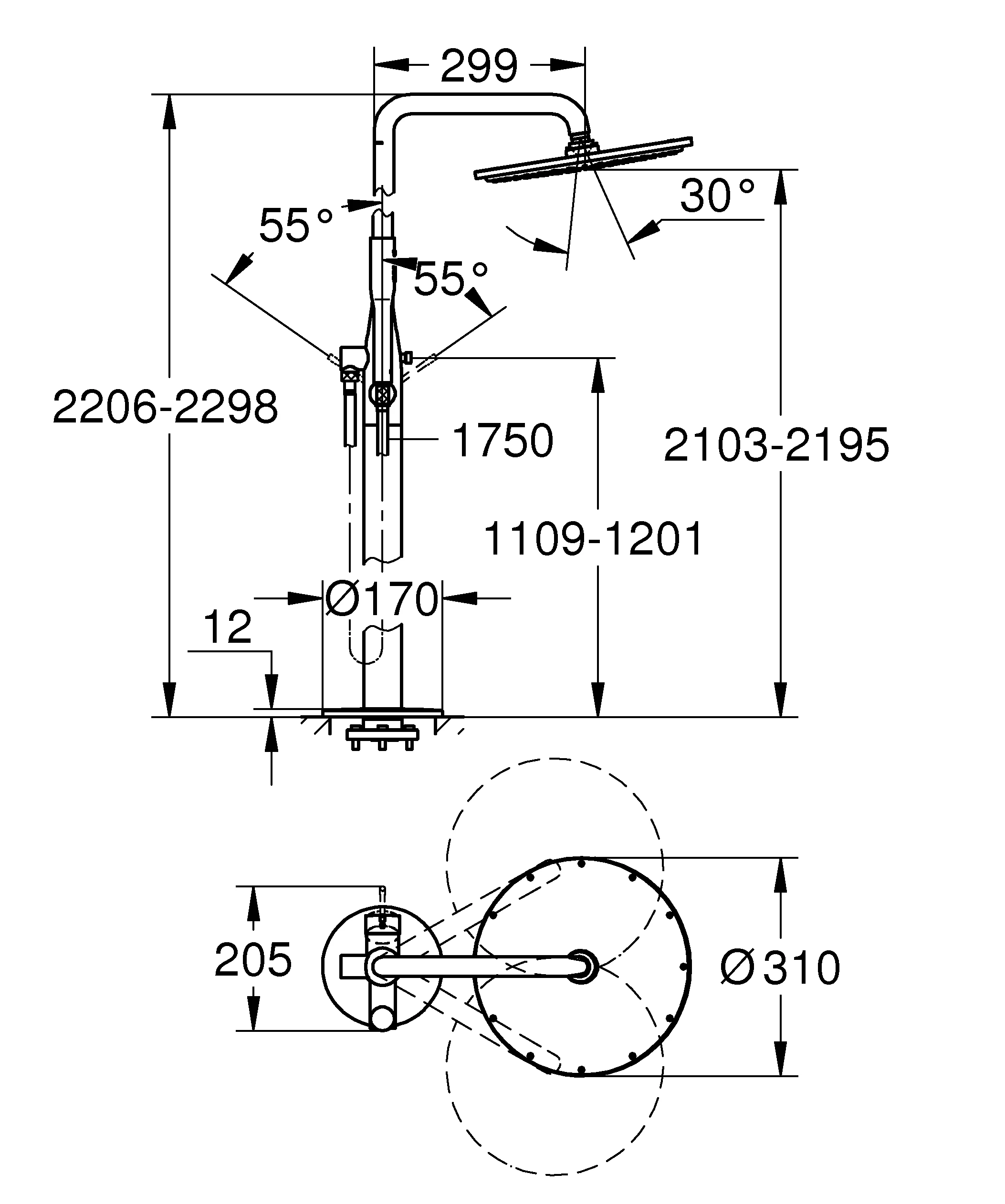 Einhand-Brausebatterie Essence 23741_1, freistehendes Duschsystem, Fertigmontageset für 45 984, eigensicher, chrom