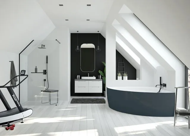 Hoesch Badewanne „iSensi“ Monolith eck 150 × 150 cm, mit Schürze in Weiß (glänzend) / Schiefergrau (glänzend) Hoesch Badewanne „iSensi“ Monolith eck 150 × 150 cm, mit Schürze in Weiß (glänzend) / Schiefergrau (glänzend)