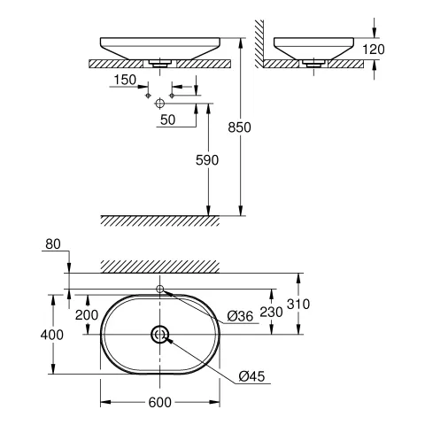 Aufsatzschale Airio 39966, oval, 600 x 400 mm, ohne Hahnloch, ohne Überlauf, alpinweiss Aufsatzschale Airio 39966, oval, 600 x 400 mm, ohne Hahnloch, ohne Überlauf, alpinweiss