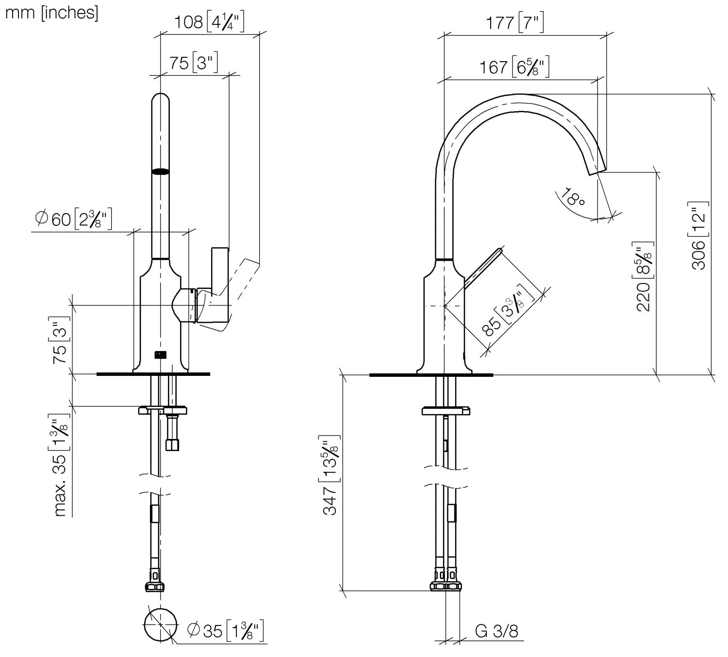 Dornbracht VAIA Waschtisch-Einhandbatterie ohne Ablaufgarnitur, Ausladung 167 mm, schwenkbarer Auslauf 360°, runder luftangereicherter Strahl, Armaturenhöhe 306 mm, Bohrungsdurchmesser 35 mm, Farbe Dark Bronze gebürstet (PVD)