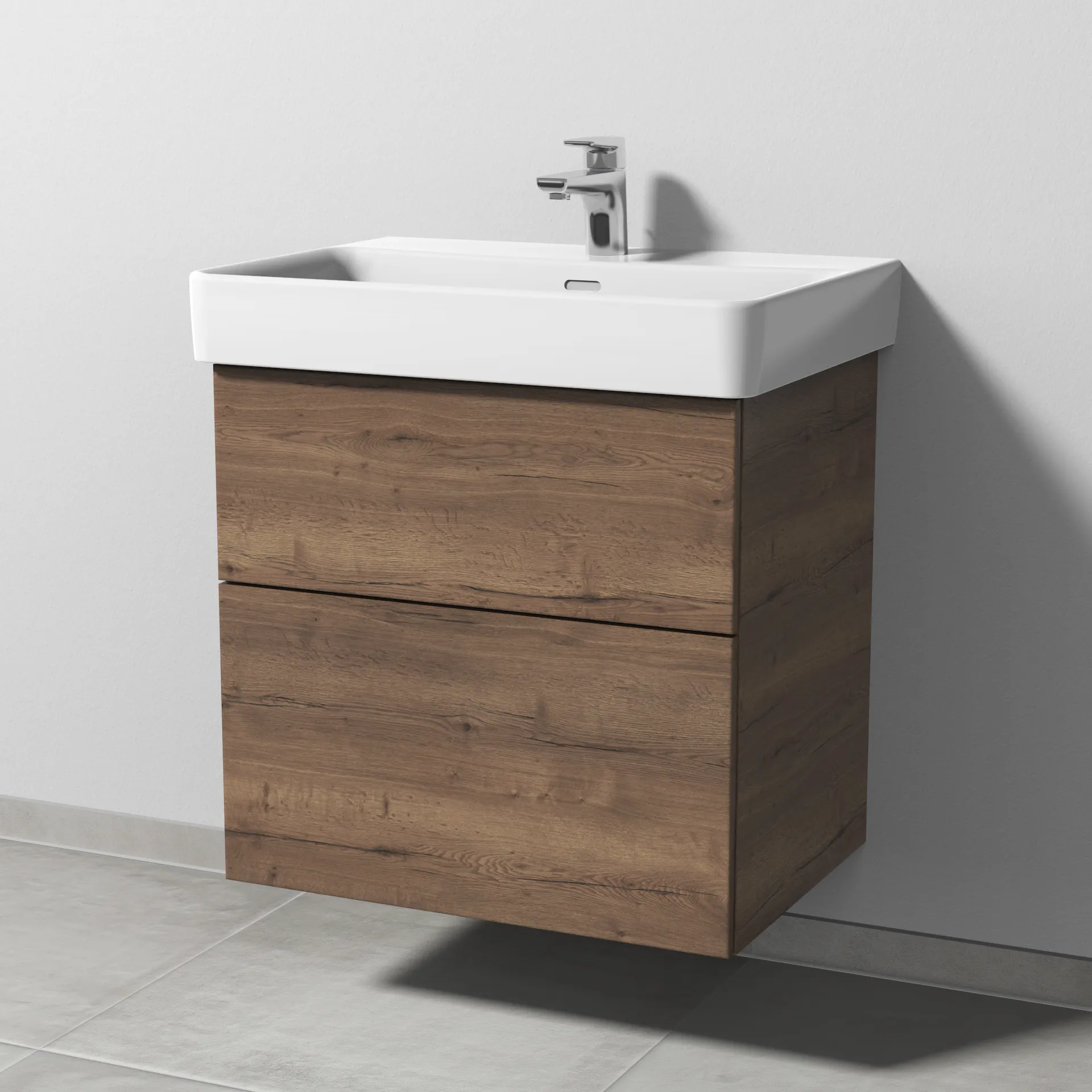 Sanipa Waschtischunterschrank „3way“ passend zu Keramik-Waschtische Pro S von Laufen 600 × 593 × 437 mm in Eiche Tabak, Becken mittig