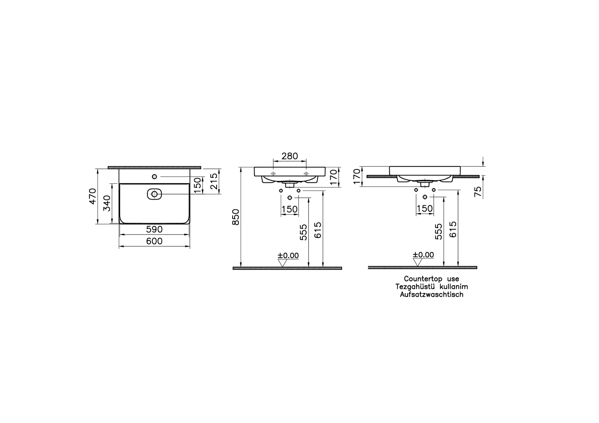 VitrA New Metropole Aufsatzwaschtisch wandgebunden rechteckig 60 x 47 cm mit Hahnloch ohne Überlaufschlitz Schwarz Matt VitrA New Metropole Aufsatzwaschtisch wandgebunden rechteckig 60 x 47 cm mit Hahnloch ohne Überlaufschlitz Schwarz Matt