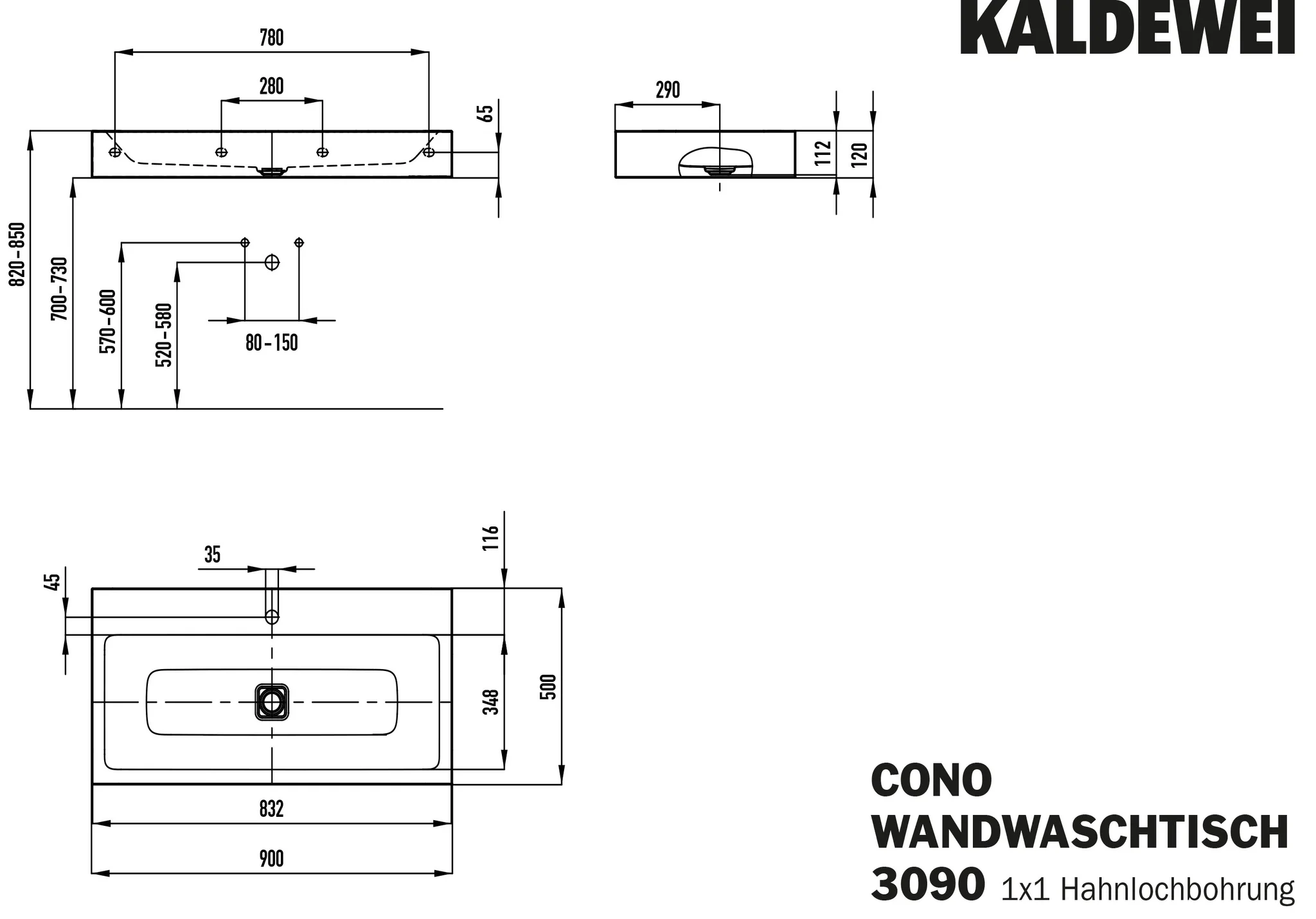 Doppelwaschtisch „Cono“ 90 × 50 cm, mittig, ohne Überlauf, mit Hahnlochbohrung in cool grey 30 mit Perl-Effekt