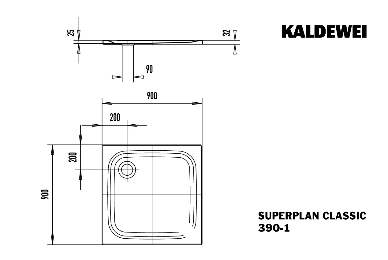 Kaldewei SUPERPLAN CLASSIC Duschfläche, 900x900 mm, alpinweiß, bodengleich, Eckablauf, 25 mm tief