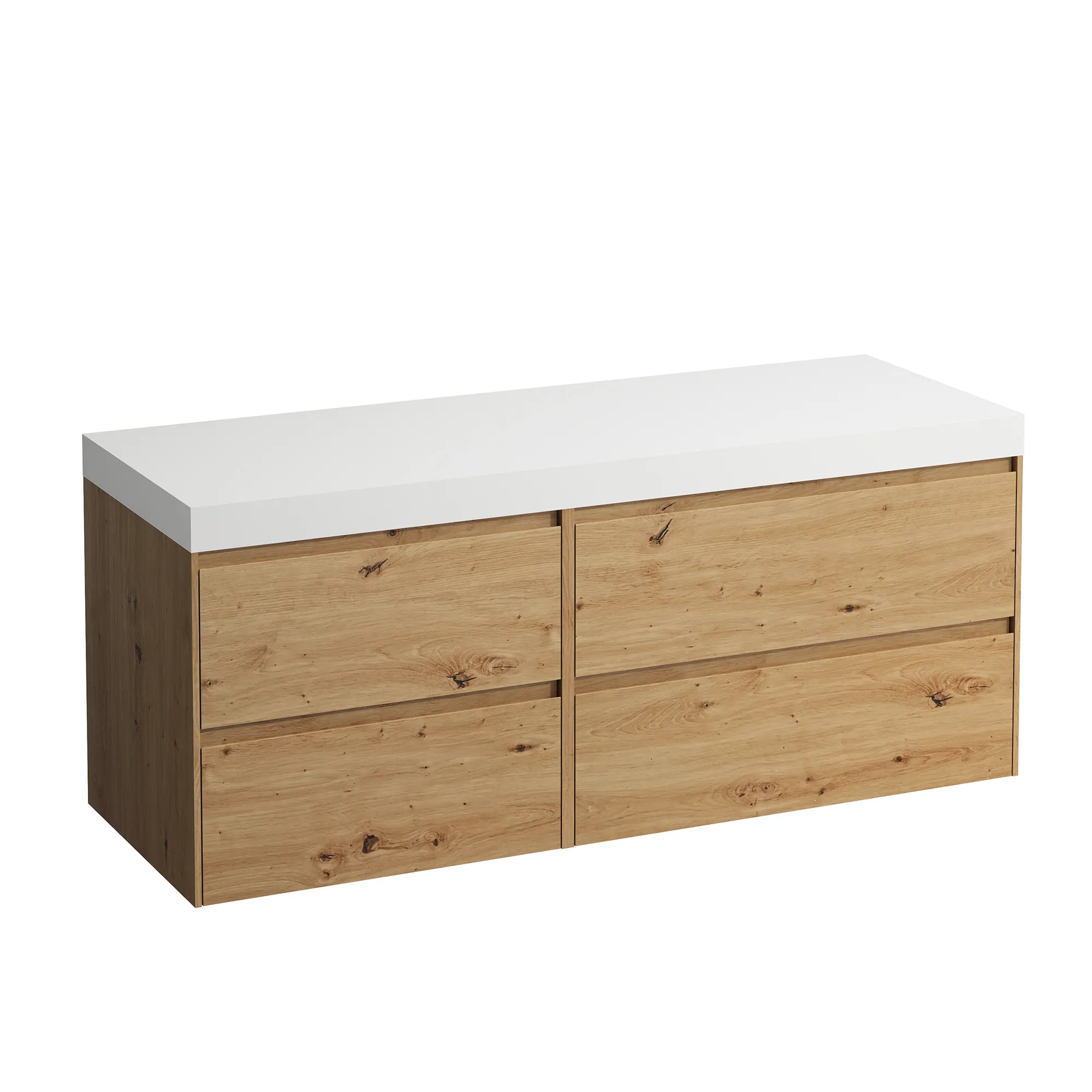 Waschtischunterbau+Waschtischplatte (MODULAR SYSTEM) LANI 495x1370x580 ohne Ausschnitt Abdeckplatte 65 mm (Farbe: .260 weiß matt), mit 4 Schubladen (800 mm rechts + 600 mm links) integrierter Griffleiste Vollauszug und Soft-Close weiß matt