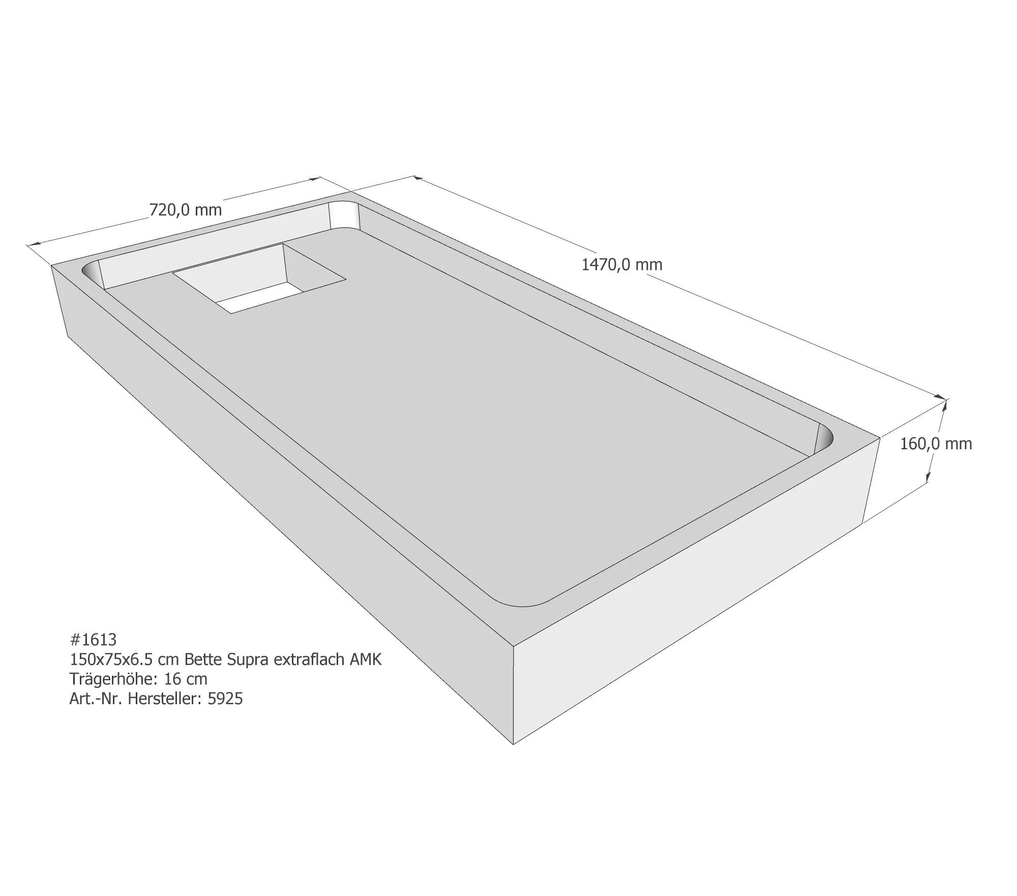 Duschwannenträger für Bette Supra (extraflach) 150 × 75 × 6,5 cm Breite: 75 cm / Länge: 150 cm