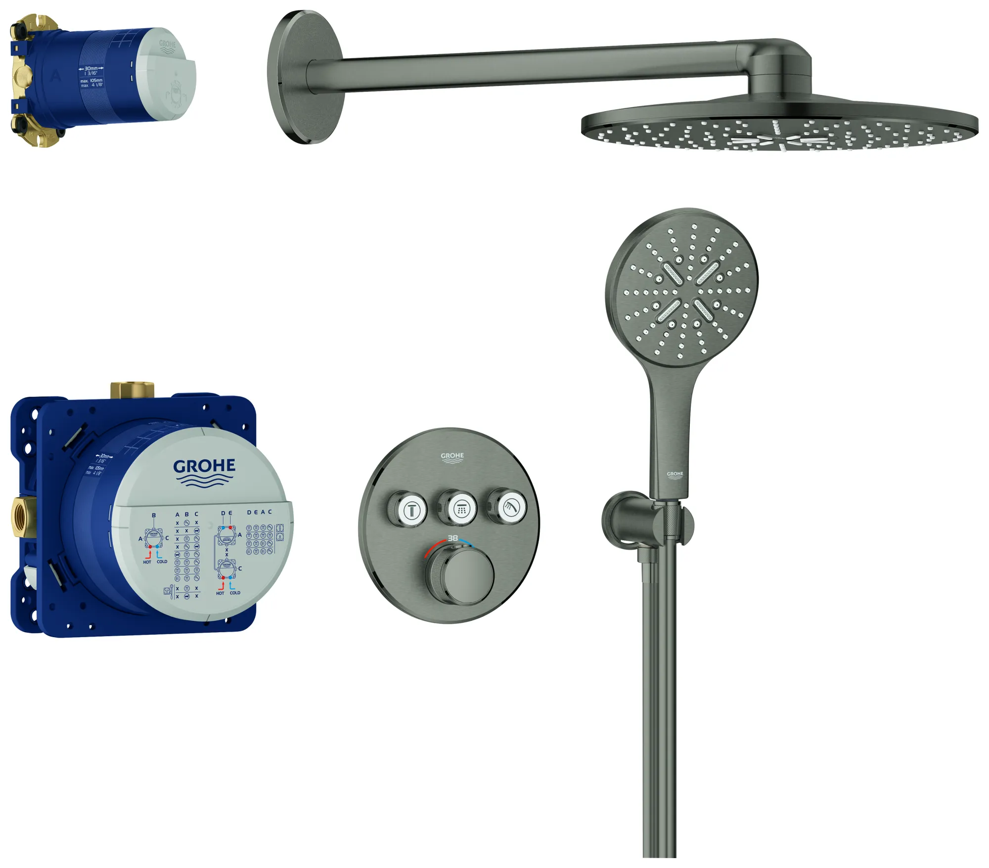 Unterputz Duschsystem Grohtherm SmartControl 34863, runde Form, mit UP-Thermostat mit 3 Absperrventilen, Rapido SmartBox, Kopfbrause Rainshower Mono 310, Rainshower SmartActive 130 Handbrause, Wandabgangsbogen, Brauseschlauch, chrom Unterputz Duschsystem Grohtherm SmartControl 34863, runde Form, mit UP-Thermostat mit 3 Absperrventilen, Rapido SmartBox, Kopfbrause Rainshower Mono 310, Rainshower SmartActive 130 Handbrause, Wandabgangsbogen, Brauseschlauch, chrom