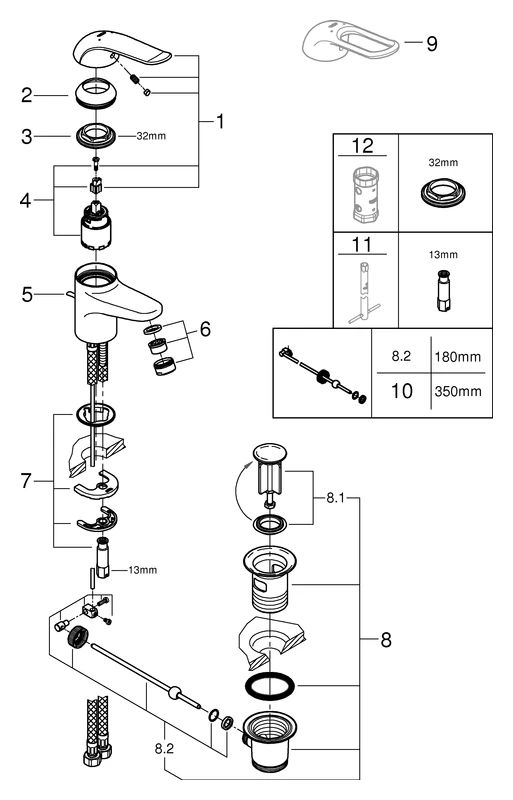 Einhand-Waschtischbatterie Euroeco Special 32763, Einlochmontage, Zugstangen-Ablaufgarnitur 1 1/4'', 35 mm Keramikkartusche, Hebellänge 120 mm, chrom