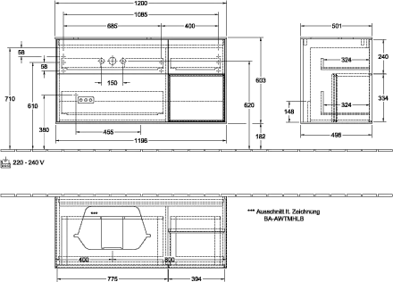 Villeroy & Boch Waschtischunterschrank „Finion“ für Schrankwaschtisch 120 × 60,3 × 50,1 cm 3 Schubladen, für Waschtischposition links, inkl. Beleuchtung links