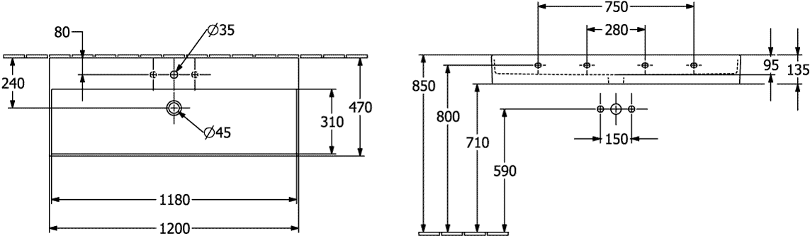 Villeroy & Boch Wandwaschtisch aus TitanCeram „Memento 2.0“ 1200 × 470 × 150 mm, mit Hahnlochbohrung, Hahnlochposition mittig in Weiß Alpin