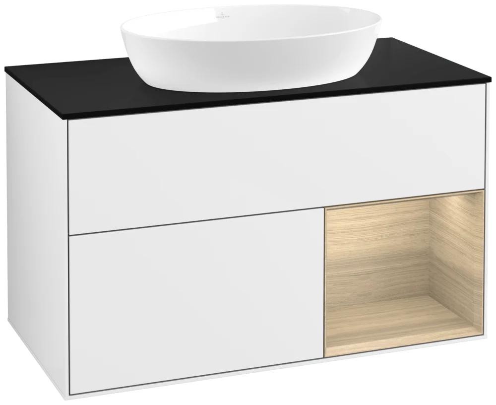 Villeroy & Boch Finion FA2 Waschbeckenunterschrank, 1000 x 603 x 501 mm, Glossy White Lacquer / Oak Veneer / Glass Black Matt