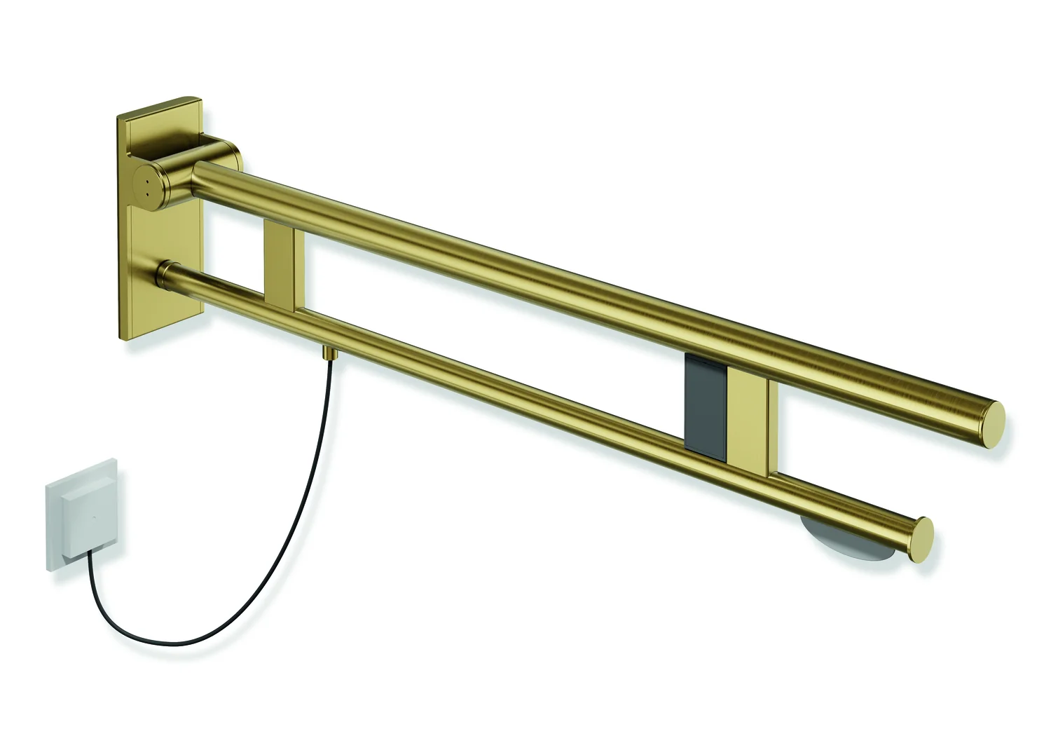 HEWI Stützklappgriff Duo, System 900, Design A, Edelstahl PVD gold gebürstet, Ausladung 900 mm, mit WC-Papierhalter und Spülauslösung (E-Ausführung), rechts Farbe: Gold (gebürstet, PVD) Image