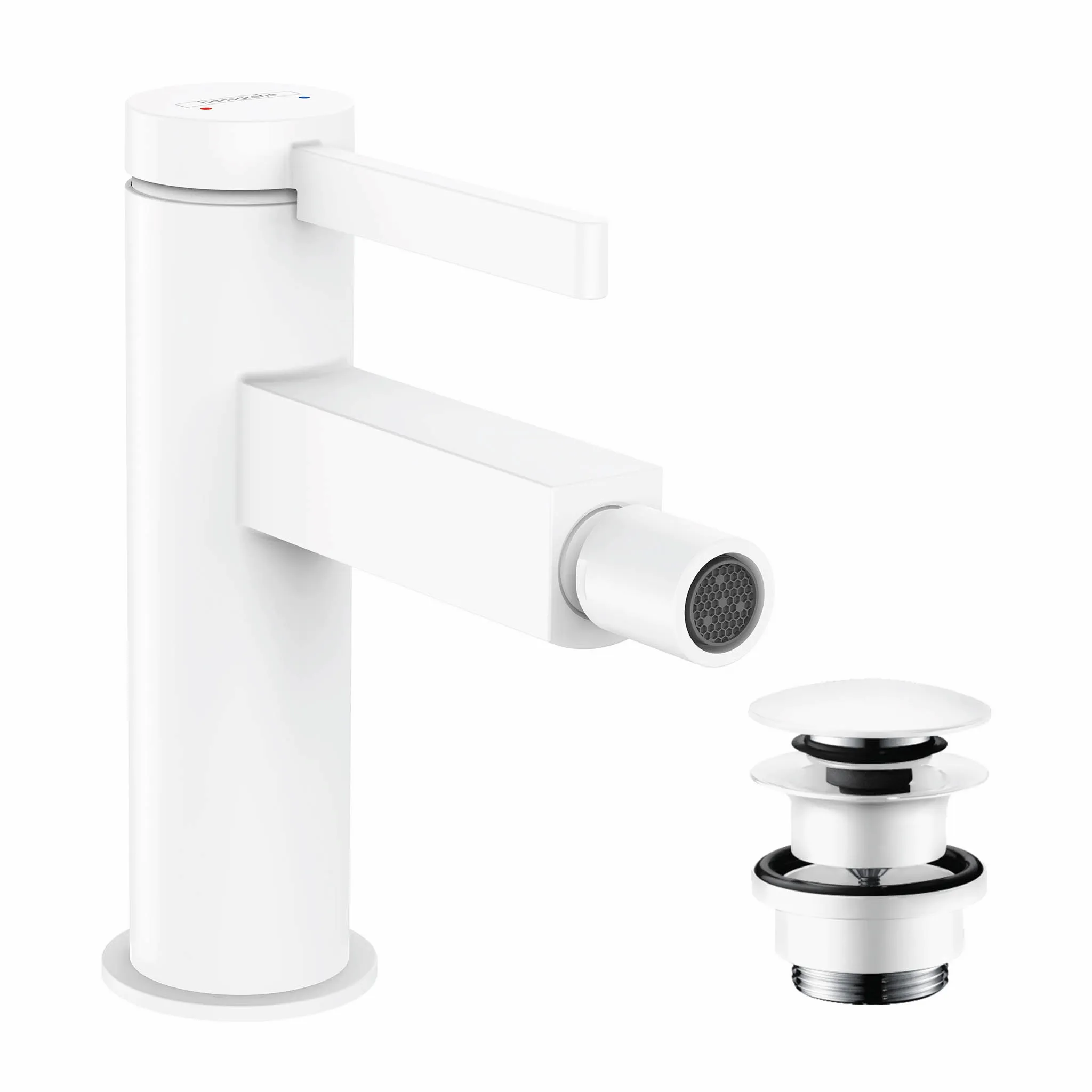 Hansgrohe Bidetmischer Finoris, Einhebel-Bidetmischer mit Push-Open Ablaufgarnitur, Mattweiß, Ausladung 129 mm, Auslaufhöhe 99 mm Hansgrohe Bidetmischer Finoris, Einhebel-Bidetmischer mit Push-Open Ablaufgarnitur, Mattweiß, Ausladung 129 mm, Auslaufhöhe 99 mm