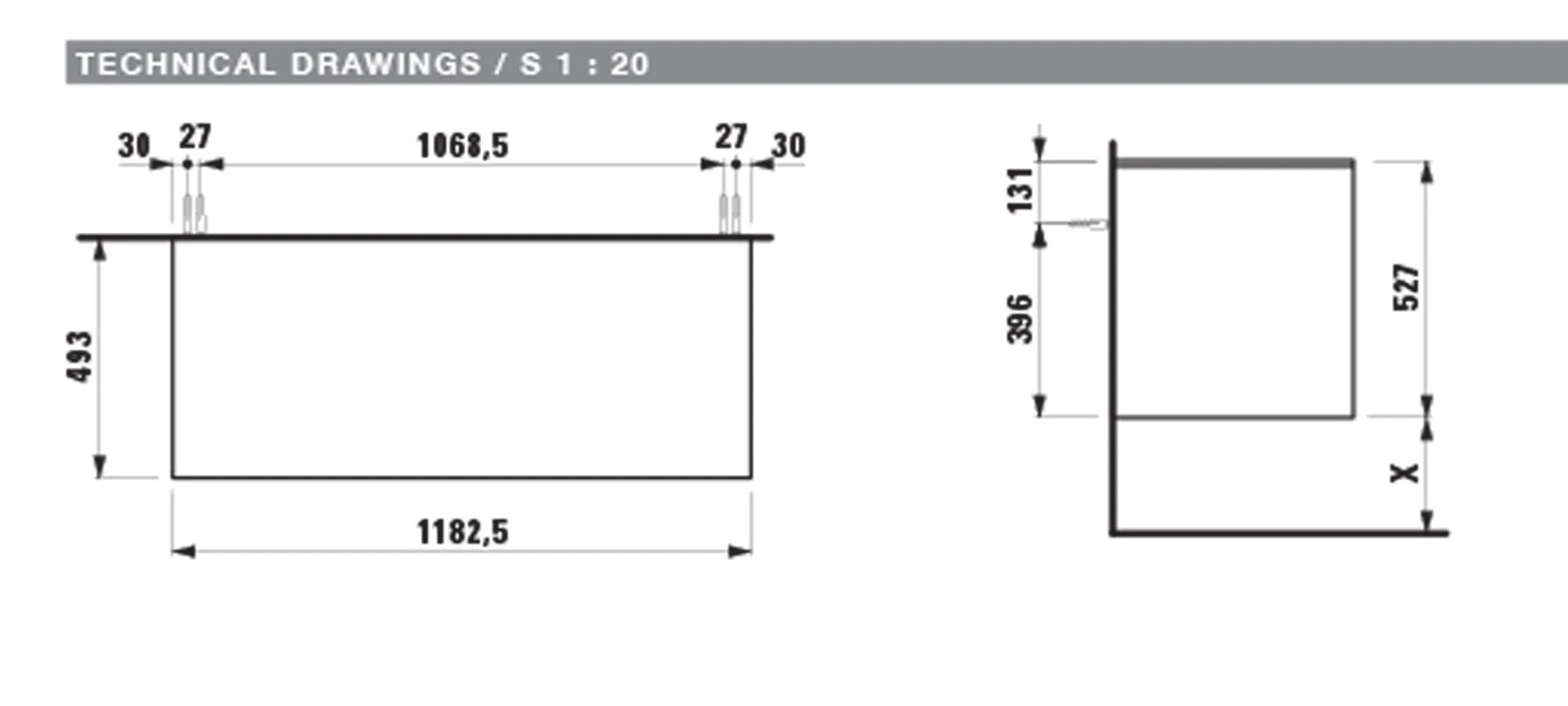 Waschtischunterbau+Waschtischplatte (Schubladenelement) LANI 493x1182x527 ohne Ausschnitt Abdeckplatte 12 mm, mit 2 Schubladen integrierter Griffleiste Vollauszug und Soft-Close weiß matt