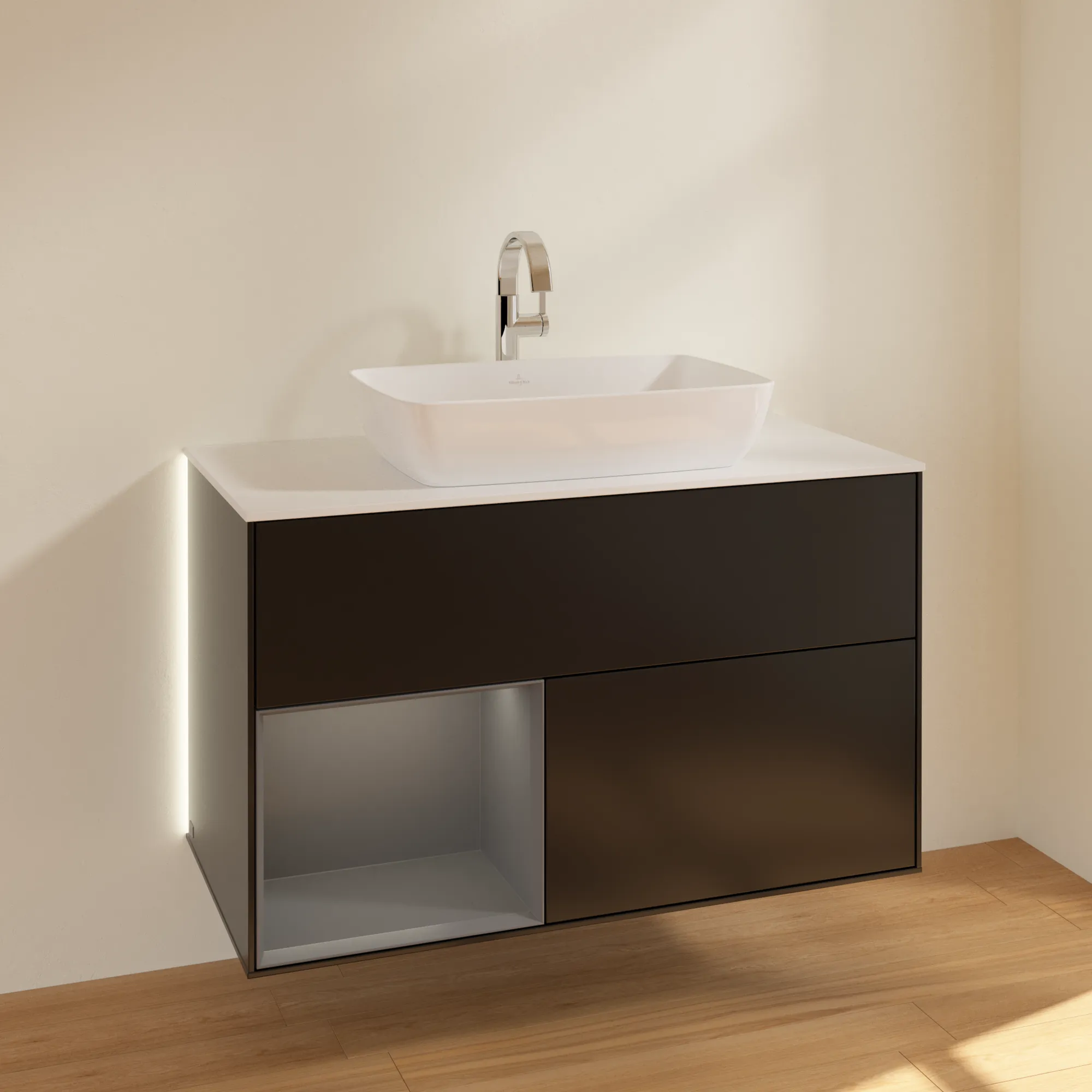 Villeroy & Boch Waschbeckenunterschrank Finion G77, 1000 x 603 x 501 mm, Black Matt Lacquer, mit Beleuchtung und Push-to-open Funktion