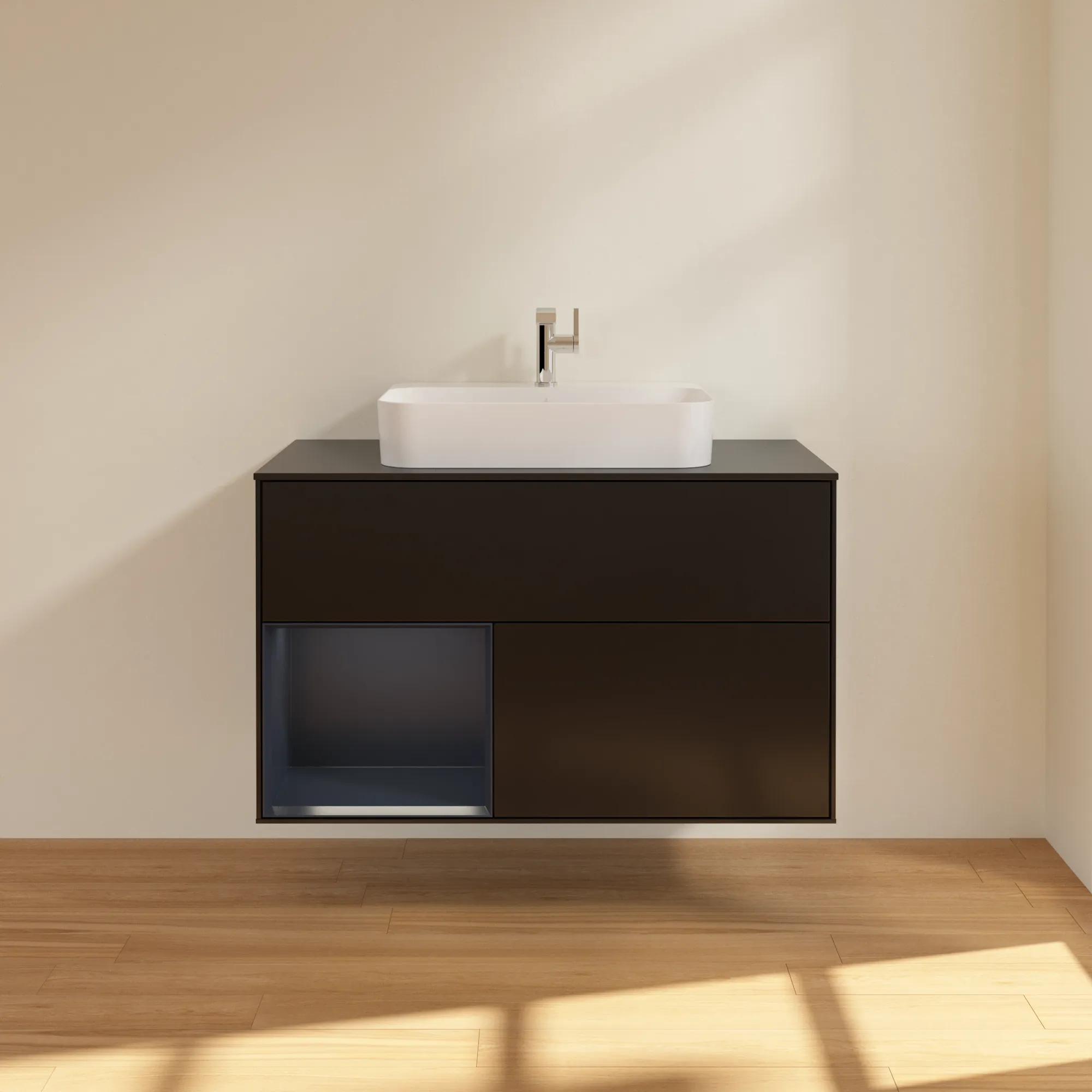 Villeroy & Boch Waschbeckenunterschrank Finion F36, 1000x603x501 mm, Black Matt Lacquer mit Midnight Blue Regal, Beleuchtung dimmbar, SoftClosing, Push-to-Open