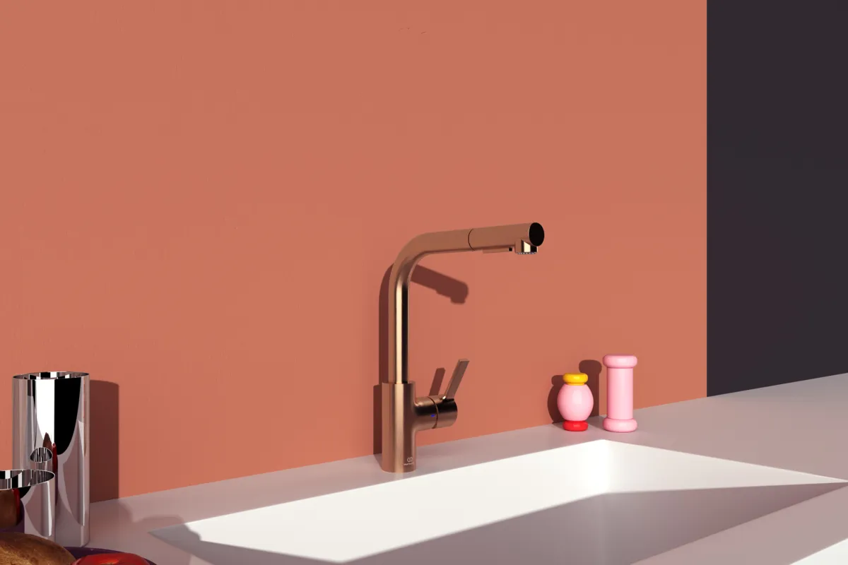 Küchenarmatur Gusto Ausladung 235mm L-Auslauf 2F-Brause Brushed Gold Küchenarmatur Gusto Ausladung 235mm L-Auslauf 2F-Brause Brushed Gold