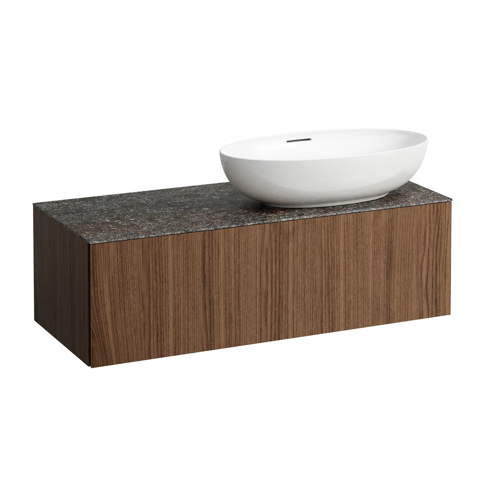 Schubladenelement (Waschtischunterbau+Waschtischplatte) ILBAGNOALESSI 500x1200x370 1 Schublade integrierte versteckte Griffe seitlich Vollauszug Soft-Close Ausschnitt rechts Marrone Naturale Top passend zu Waschtisch H818975/6 H818977/8 Weiß matt