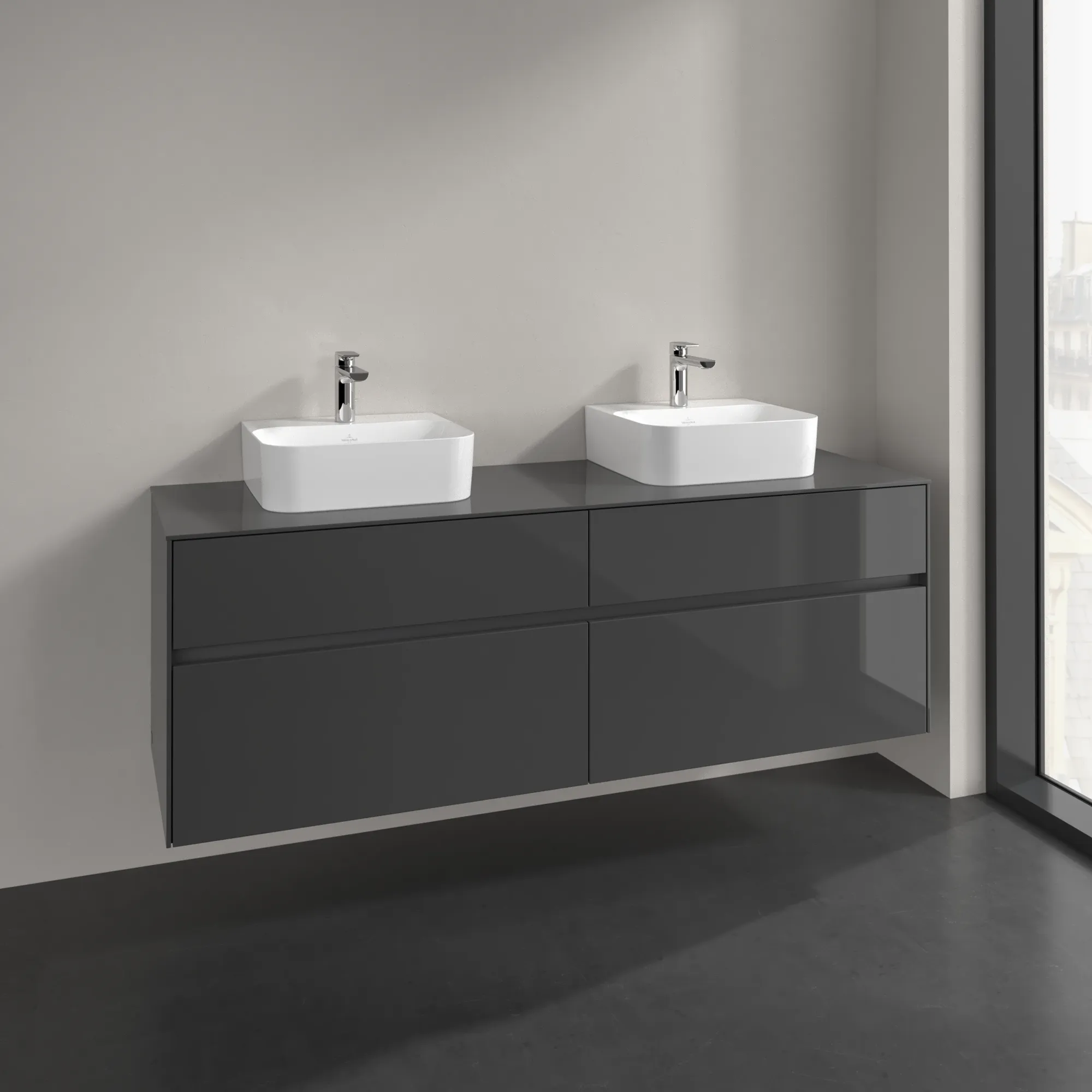 Villeroy & Boch Waschtischunterschrank „Collaro“ 1600 × 548 × 500 mm Glossy Grey, ohne Beleuchtung, für links und rechts Villeroy & Boch Waschtischunterschrank „Collaro“ 1600 × 548 × 500 mm Glossy Grey, ohne Beleuchtung, für links und rechts