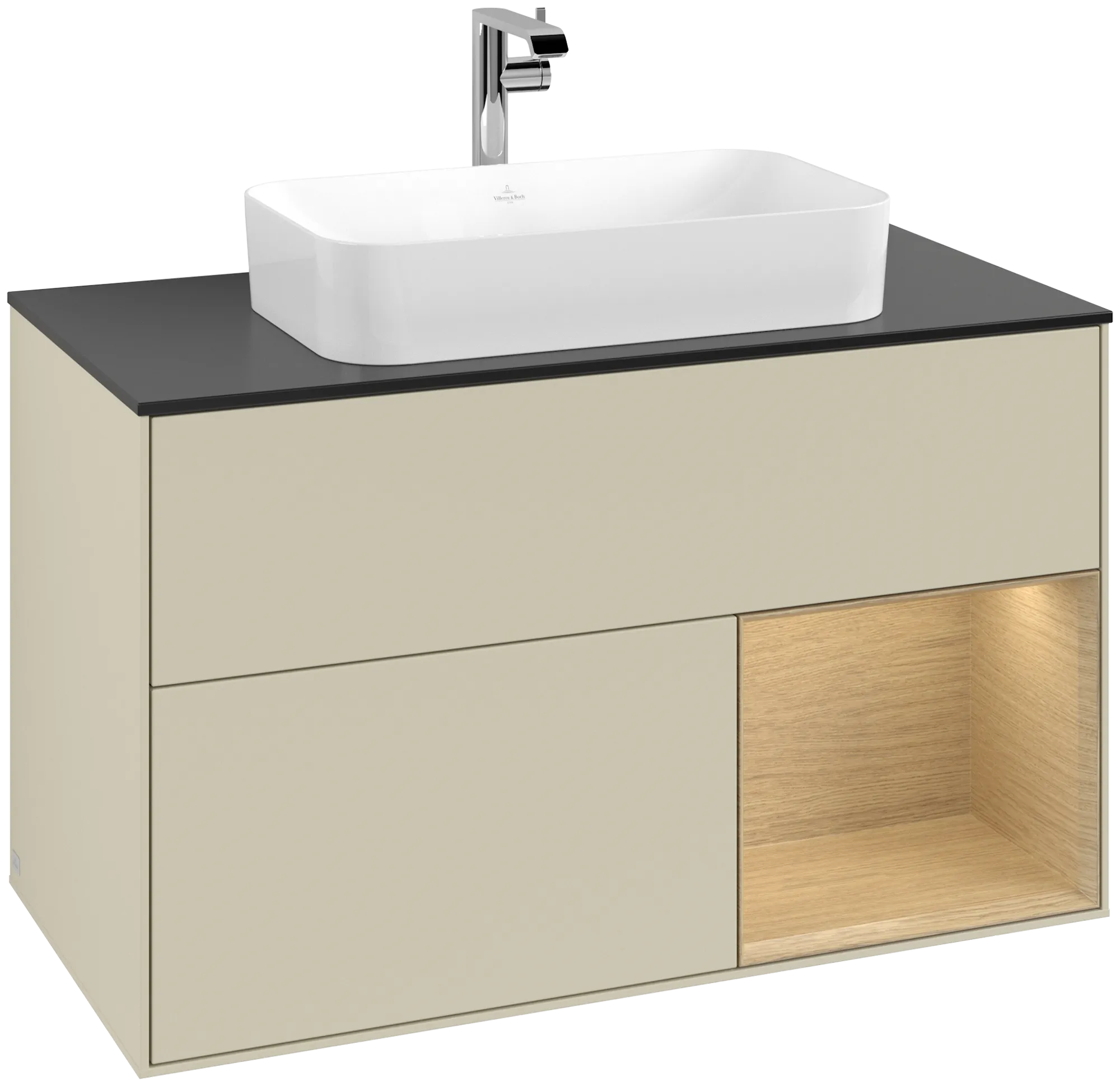 Villeroy & Boch Finion Waschbeckenunterschrank F25, 1000 x 603 x 501 mm, Silk Grey Matt Lacquer / Oak Veneer / Glass Black Matt