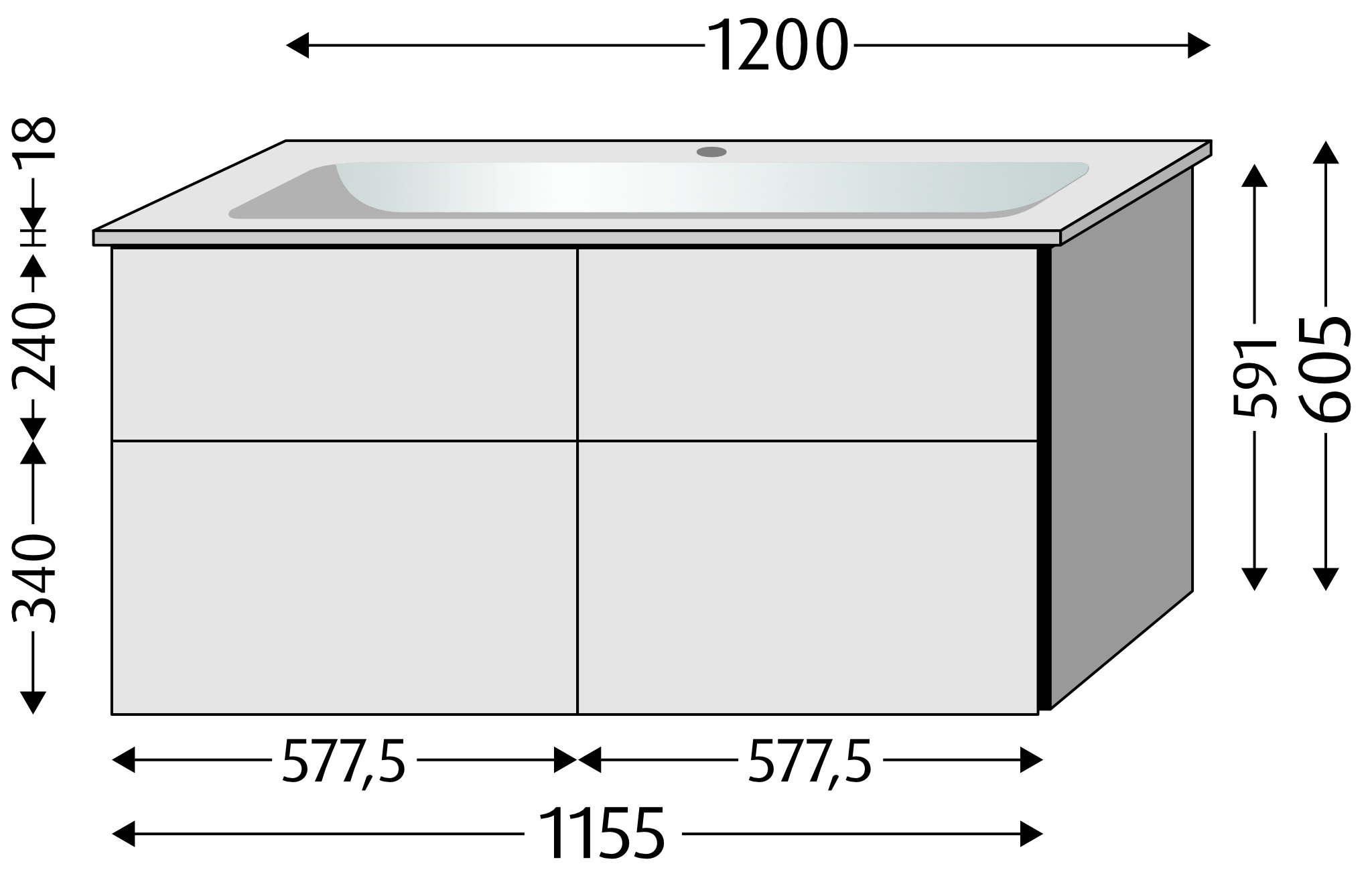 Sanipa Keramik-Waschtisch-Set mit Waschtischunterschrank „3way“ 115,5 × 47,7 × 59,1 cm in Schwarz-Matt, mittig