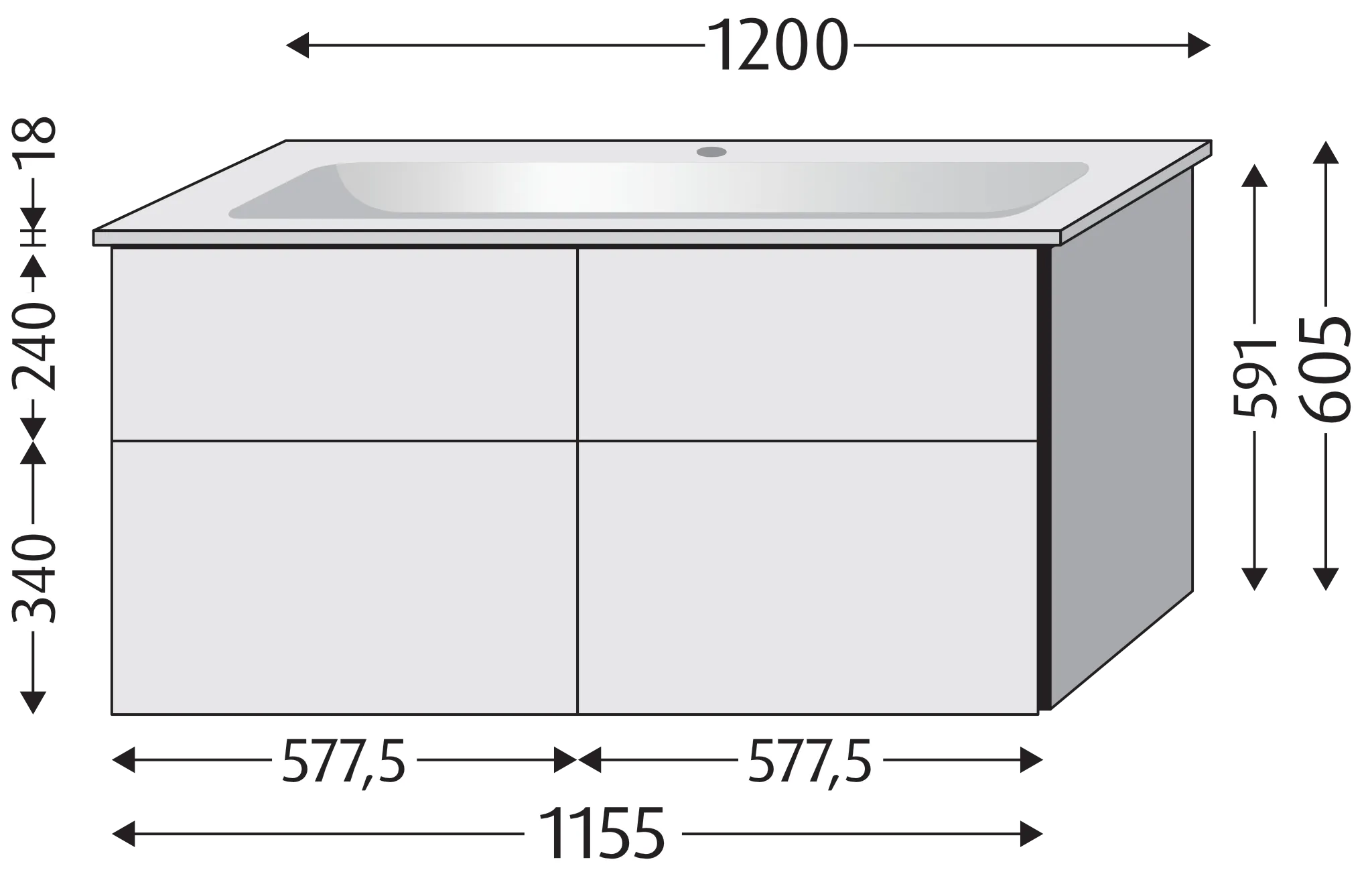 Sanipa Keramik-Waschtisch-Set mit Waschtischunterschrank „3way“ 115,5 × 47,7 × 59,1 cm in Schwarz-Matt, mittig