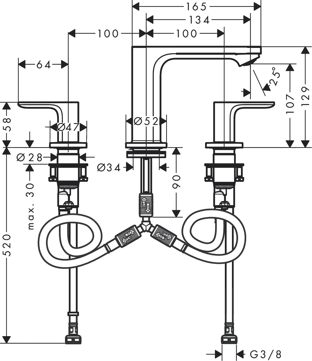 3-Loch Waschtischarmatur Rebris S mit Zugstange chrom