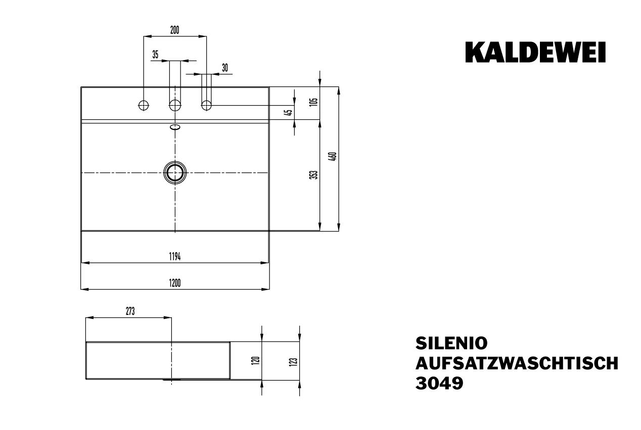Kaldewei SILENIO Aufsatzwaschtisch, alpinweiß, Perl-Effekt, 1200 x 460 mm, Randhöhe 120 mm, mit 3-fach Hahnlochbohrung und Überlaufgarnitur