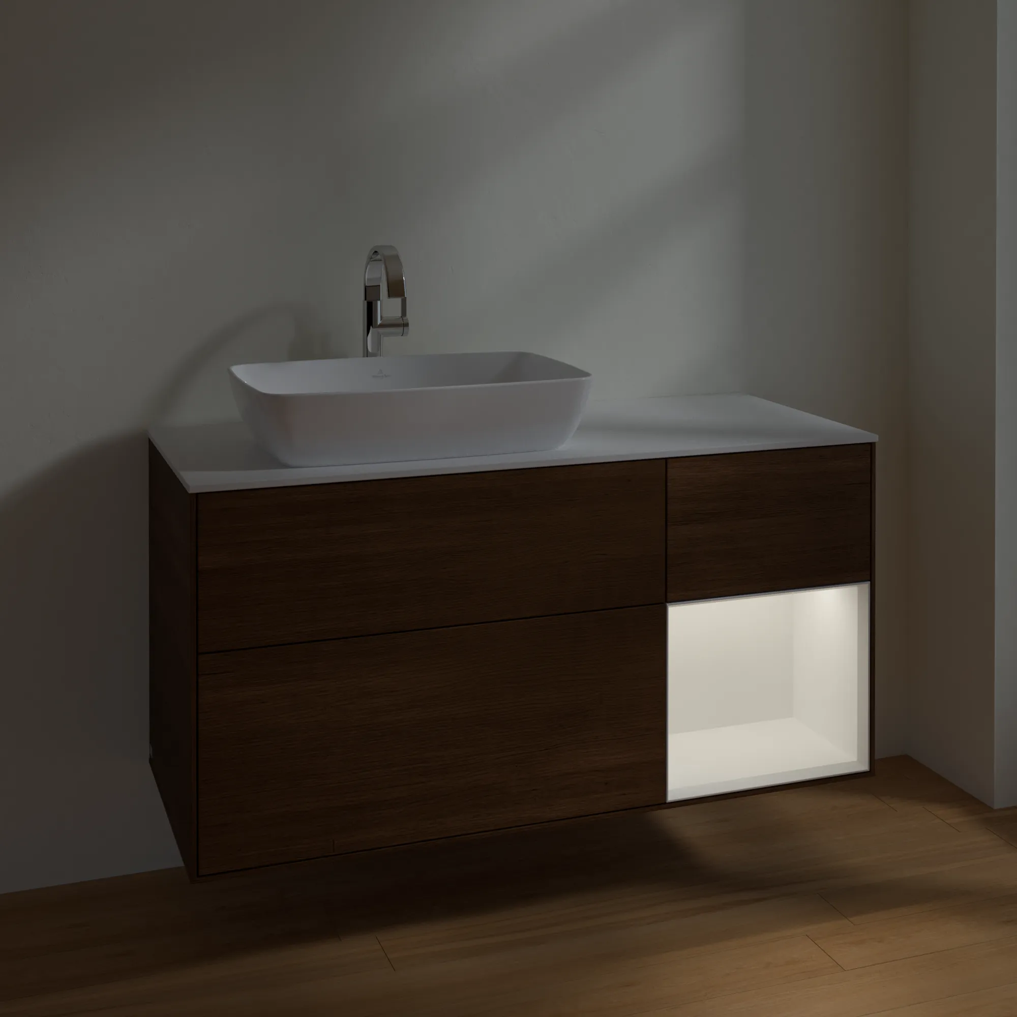 Villeroy & Boch Waschtischunterschrank „Finion“ für Schrankwaschtisch 1200 × 603 × 501 mm Walnut Veneer, für Becken links, mit Hahnlochbohrung Villeroy & Boch Waschtischunterschrank „Finion“ für Schrankwaschtisch 1200 × 603 × 501 mm Walnut Veneer, für Becken links, mit Hahnlochbohrung