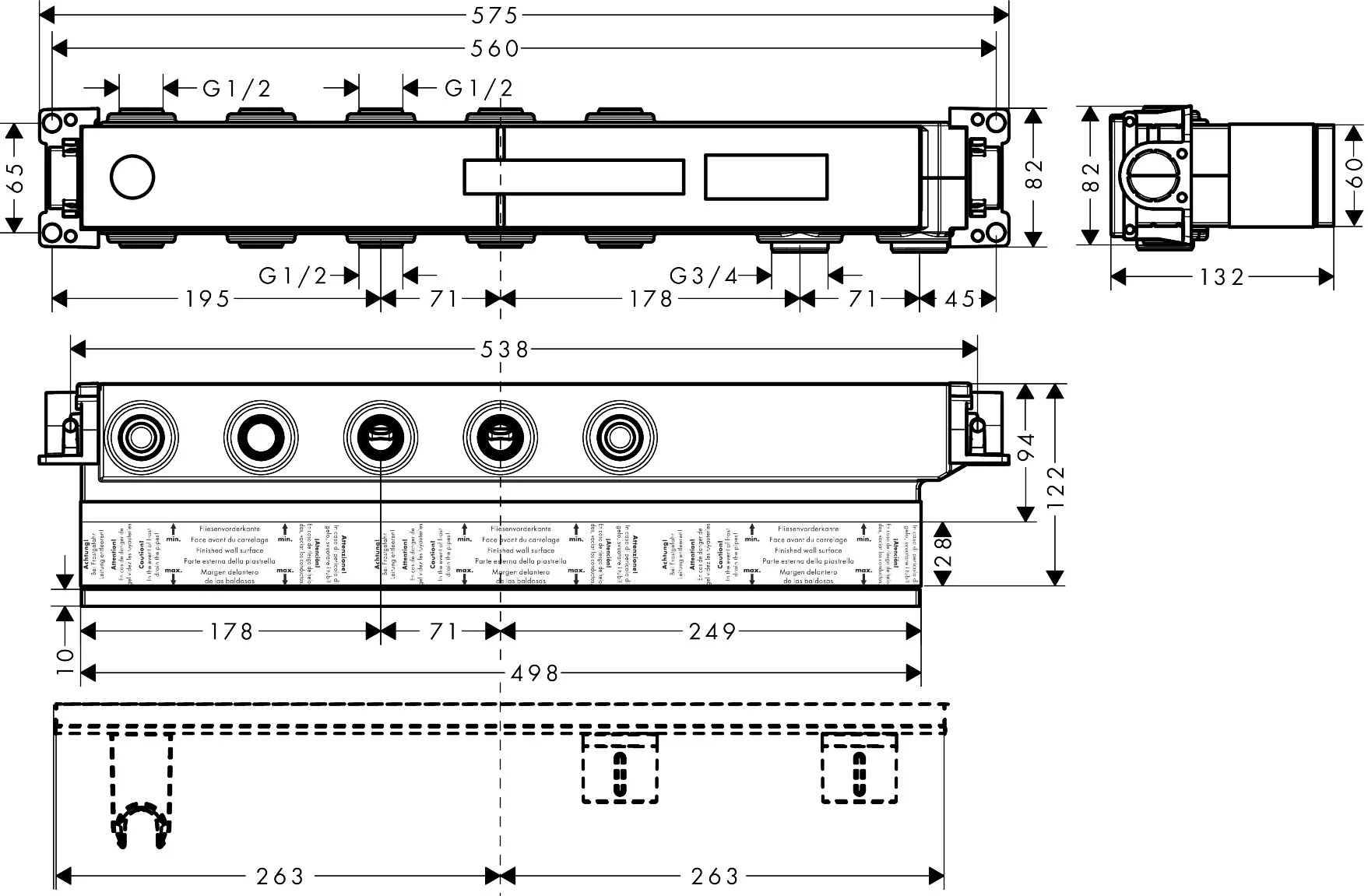 Hansgrohe AXOR Thermostatmodul Select - Grundkörper für 3 Verbraucher, Anschlussgewinde Rp 3/4, Anschlussgröße DN15/DN20, horizontale Montage, schallentkoppelt, Einbautiefe 92–120 mm