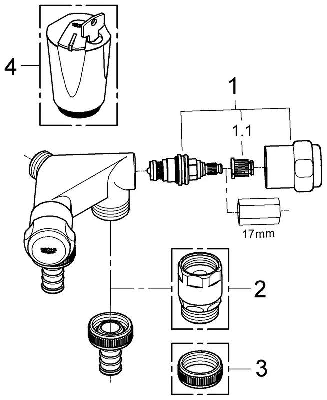 Original WAS Doppelventil Einfach 41022, DN 15, Wandmontage, Fettkammer-Oberteil 1/2'' für den absperrbaren Schlauchanschluss, eigensicher, chrom