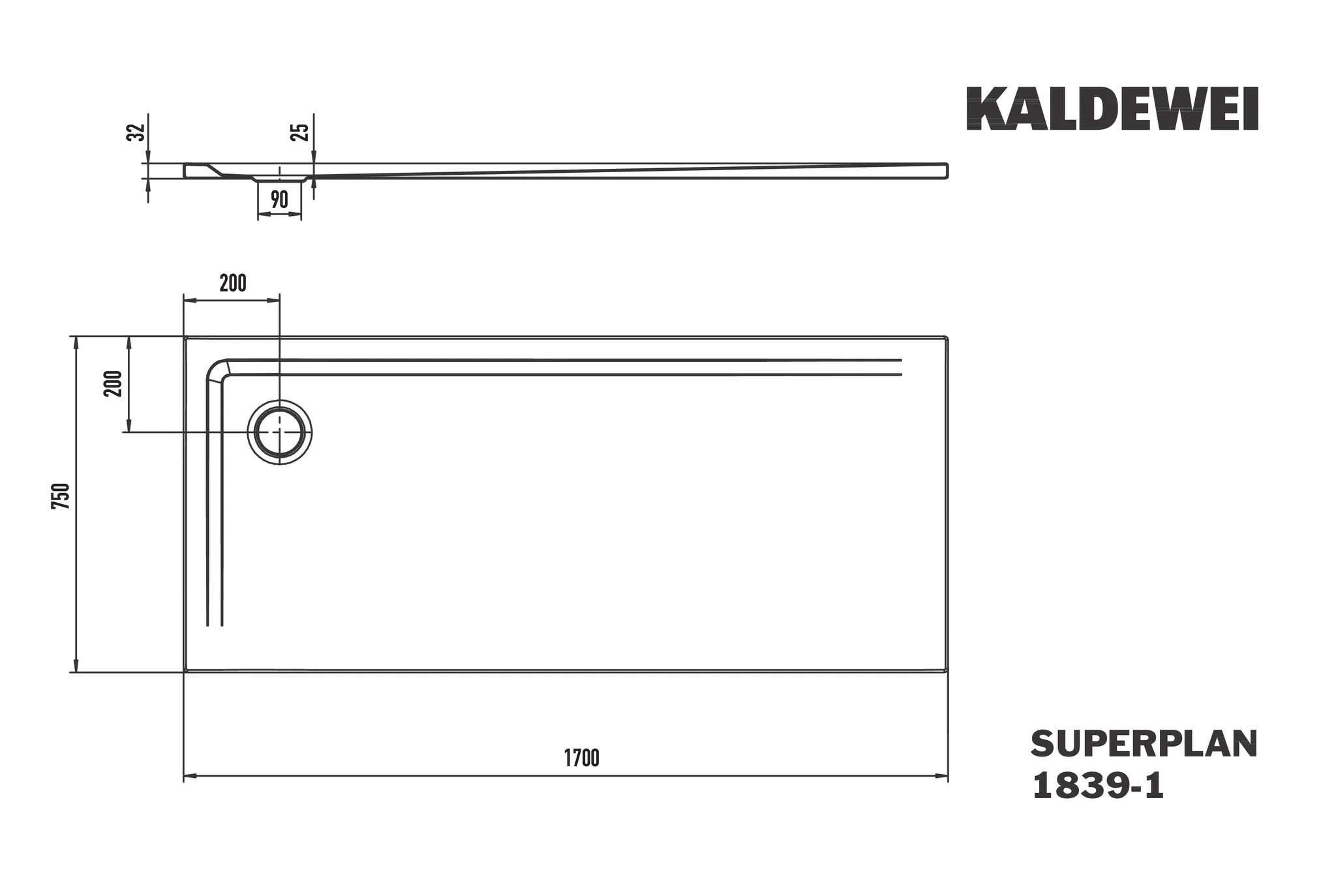 Kaldewei Duschwanne „Superplan“ 75 × 170 cm mit Antislip Secure Plus, in cool grey 70