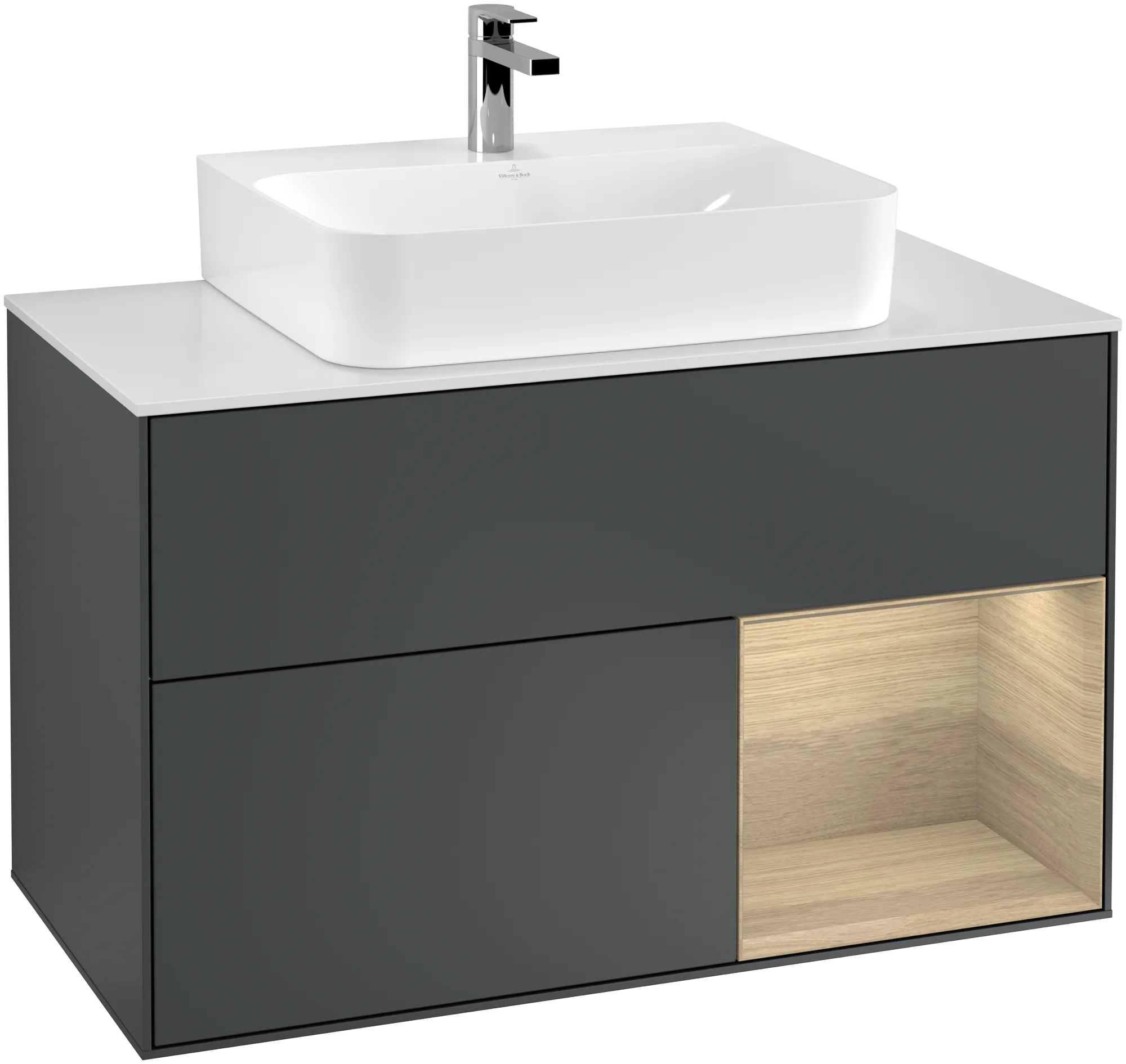 Villeroy & Boch Waschbeckenunterschrank Finion F12, Midnight Blue Matt Lacquer / Oak Veneer / Glass White Matt