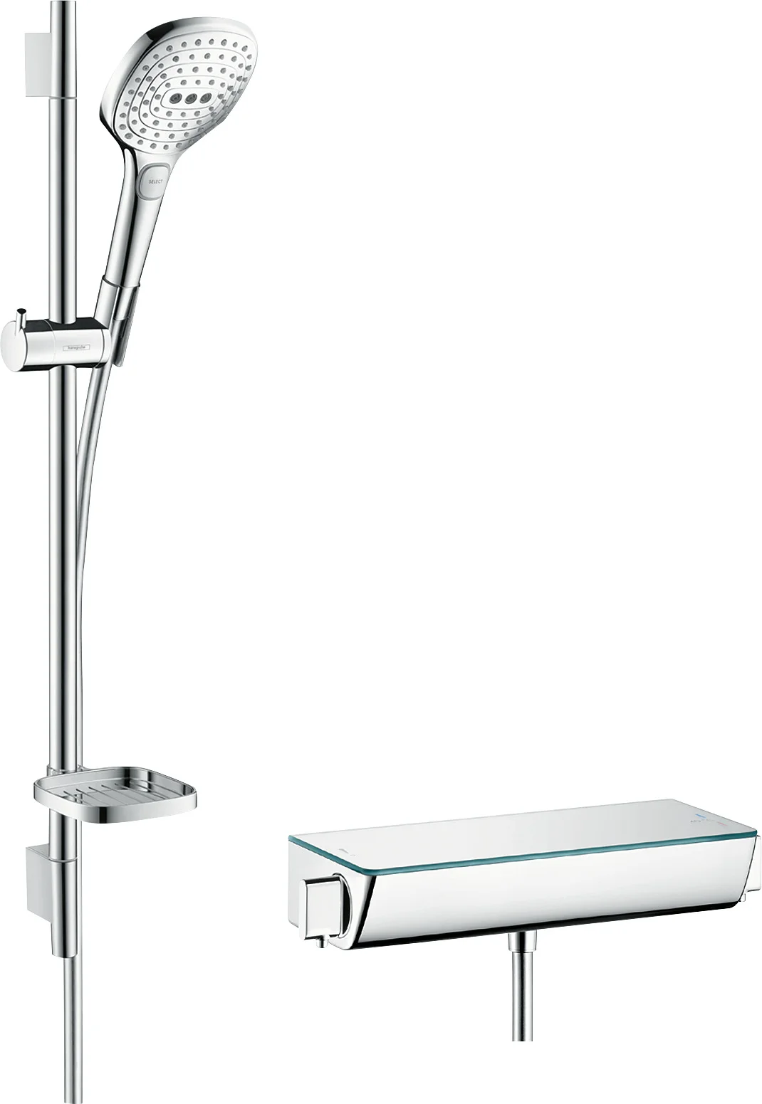 Hansgrohe Raindance Select E Brausesystem Aufputz 120 mm, Chrom – 3 Strahlarten, Ecostat Thermostat, 718 mm Brausestange