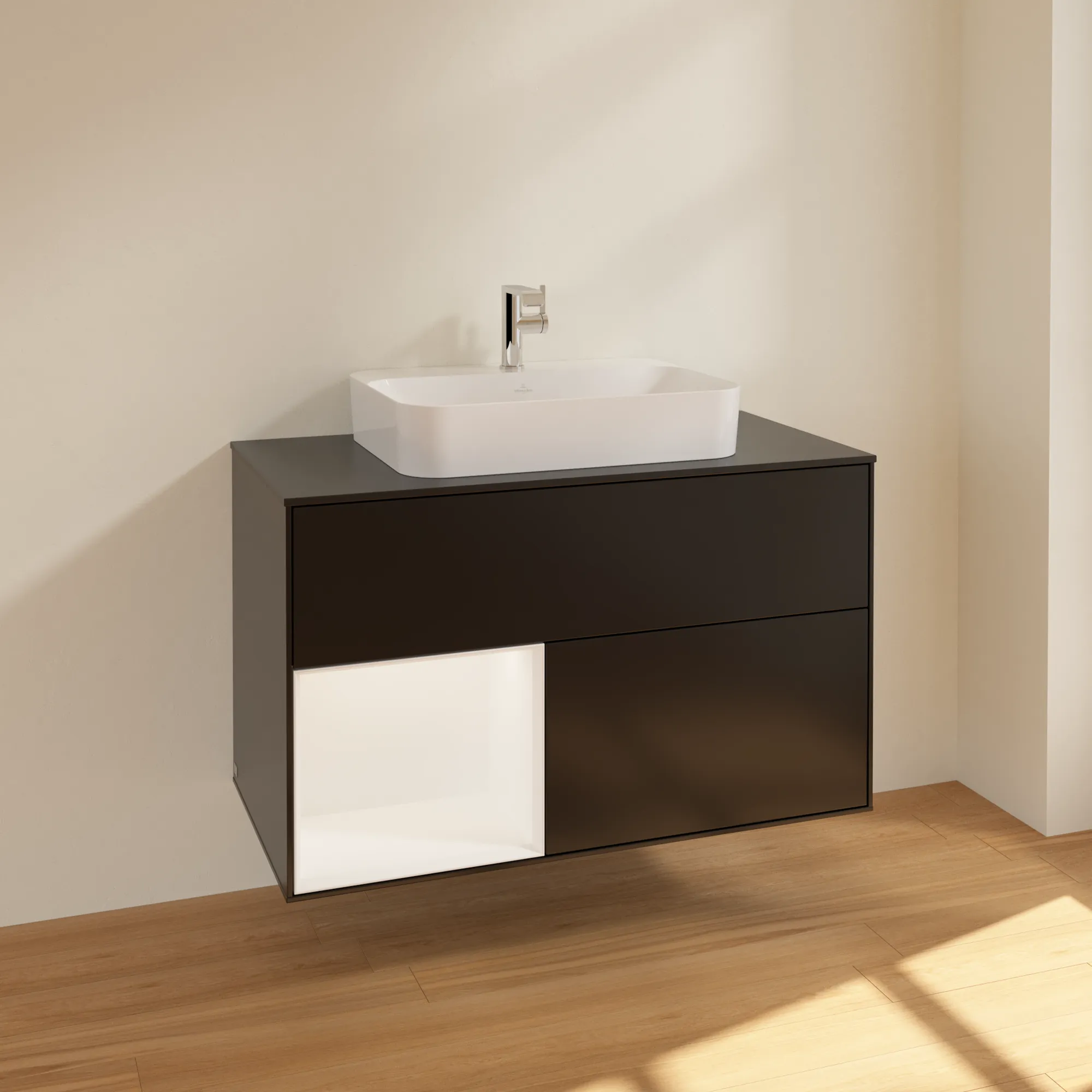Villeroy & Boch Waschbeckenunterschrank Finion F36, 1000x603x501 mm, Black Matt Lacquer, mit Beleuchtung und Push-to-open Funktion Villeroy & Boch Waschbeckenunterschrank Finion F36, 1000x603x501 mm, Black Matt Lacquer, mit Beleuchtung und Push-to-open Funktion