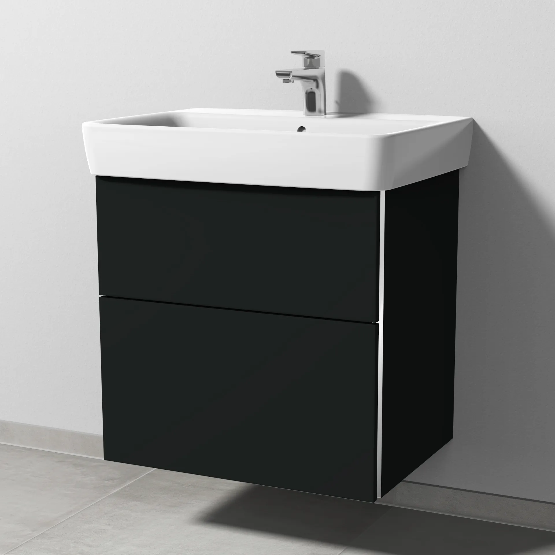 Sanipa Waschtischunterschrank „3way“ passend zu Keramik-Waschtische Renova Plan von Geberit 590 × 588 × 407 mm in Vulkan (matt), Becken mittig