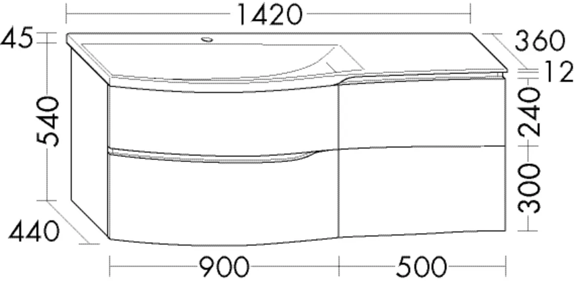 Mineralguss-Waschtisch inkl. Waschtischunterschrank, Mineralguss-Waschtisch;Muldentiefe: 120 mm;Beckenmaß: 1020x420 mm;Waschtischunterschrank;1 Schublade oben mit Siphonausschnitt und Inneneinteilung;1 Auszug unten;1 großer Auszug mit Trennnut in der Fro