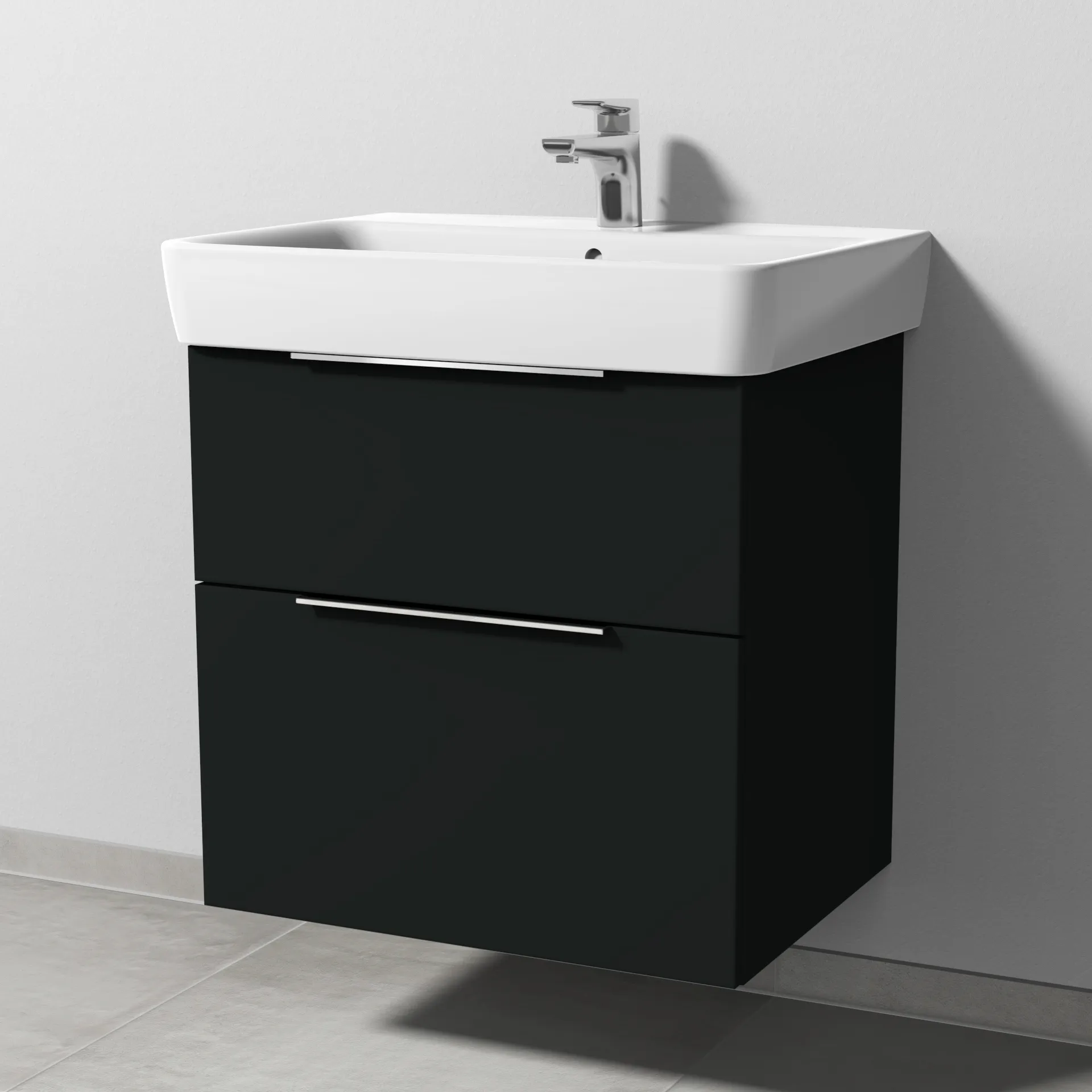 Sanipa Waschtischunterschrank „3way“ passend zu Keramik-Waschtische Renova Plan von Geberit 590 × 588 × 407 mm in Vulkan (matt), Becken mittig