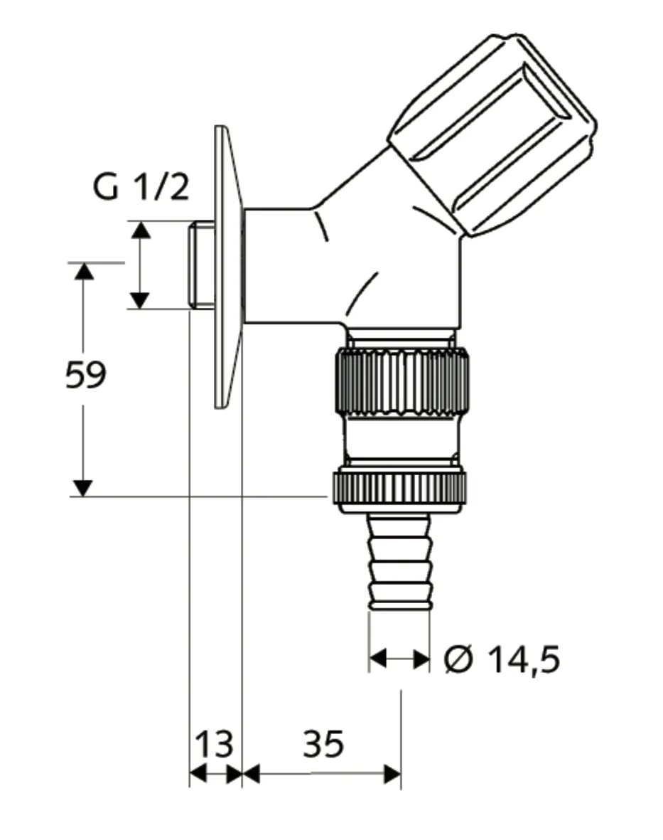 Geräteschrägsitzventil COMFORT, RFV, Wasserstopp, DN 15 G 1/2 AG, Schlauchverschraubung Ø 14,5 mm (DN 20 G 3/4 AG), chrom