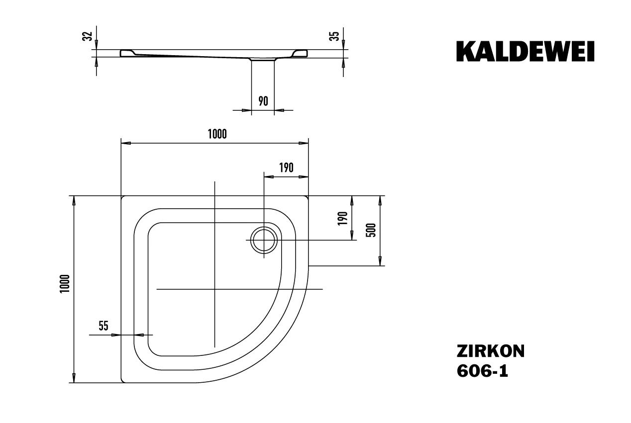 Kaldewei ZIRKON Duschfläche, alpinweiß matt, Invisible Grip, 1000x1000x35 mm, Viertelkreisform, erhöhter Einbau