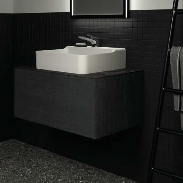 Waschtischplatte Conca, aus Keramik, 802x505x6mm, Marmor Noir Desir