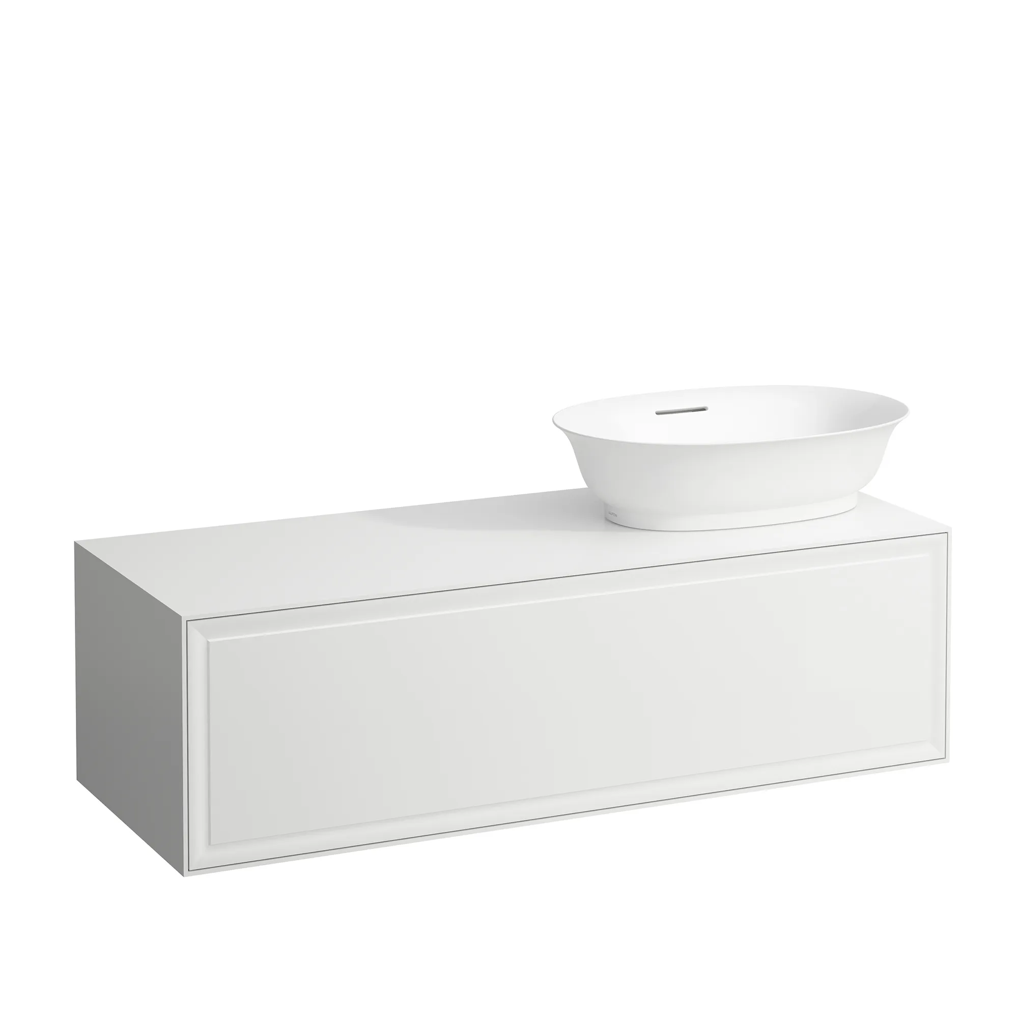 Laufen Waschtischunterbau „THE NEW CLASSIC“ 1177 × 347 × 457 mm Weiß matt, rechts Becken: rechts / Front- & Korpusfarbe: Weiß matt / Größe: 117,7 × 34,7 cm / Schubladen: 1