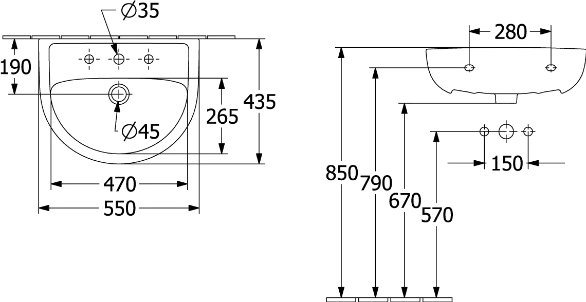 Villeroy & Boch Waschbecken „Newo“ 550 × 435 × 180 mm, Hahnlochposition mittig in Weiß Alpin