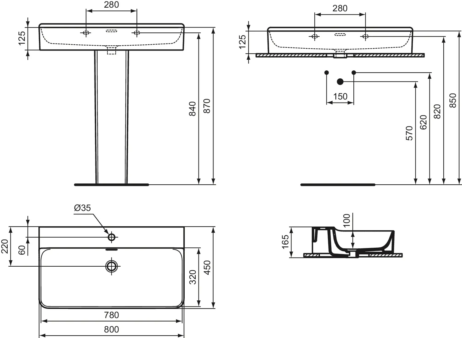 Waschbecken „Conca“ 80 × 45 × 16,5 cm, Hahnlochposition mittig in Weiß