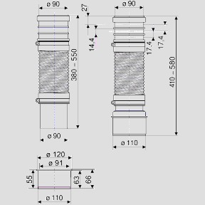 WC- Anschlussrohr DN90/DN100 flexibel, gerade, 3-fach, schwarz