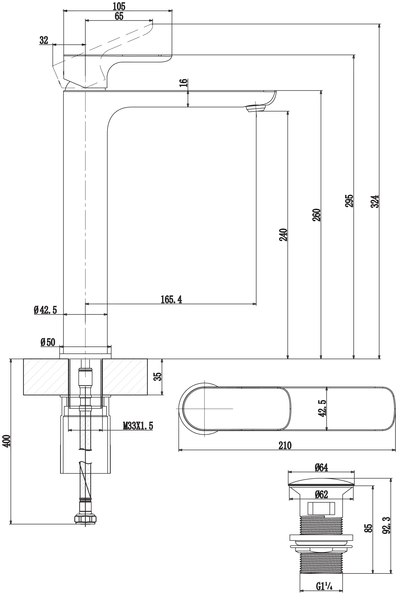 Villeroy & Boch O.novo Einhebel-Waschtischarmatur, Chrom, 50x200x295 mm, Push-Open-Ablaufgarnitur