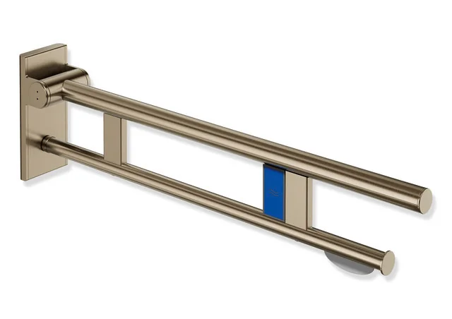 HEWI System 900 - Mobiler Stützklappgriff Duo, Design A, Edelstahl PVD bronze gebürstet, Ausladung 750 mm, mit WC-Papierhalter und Funk-Spülauslösung, links
