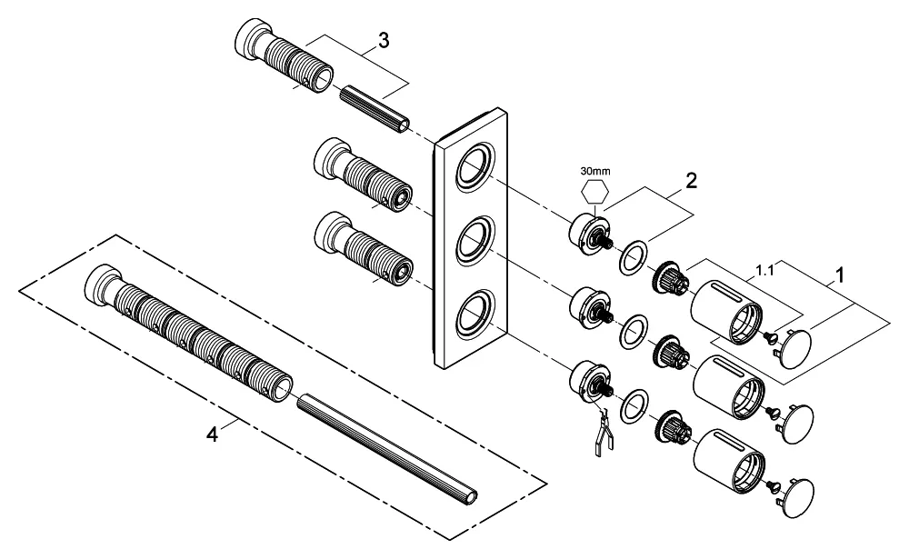 Unterputzventil Grohtherm F 26880, 3-fach, Fertigmontageset für 35 031, ohne Unterputz-Einbaukörper, chrom