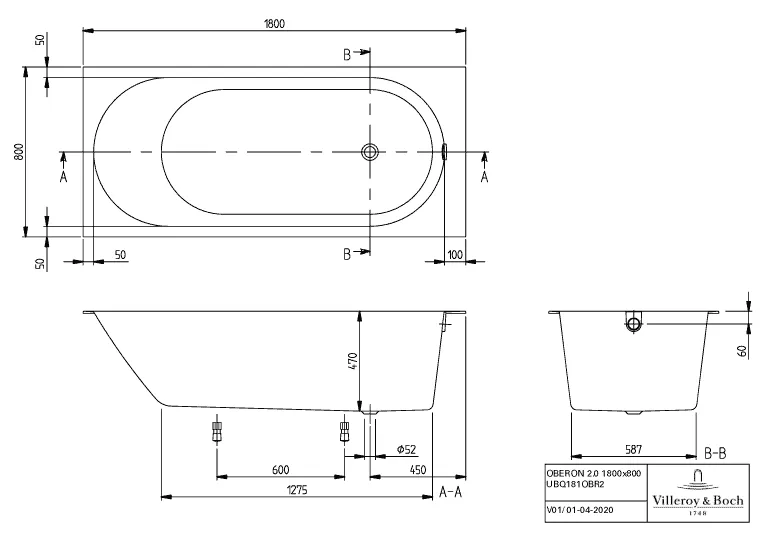 Villeroy & Boch Whirlwanne „Oberon 2.0“ mit Whirlsystem „Airpool Entry“ rechteck 180 × 80 cm, Fußablauf